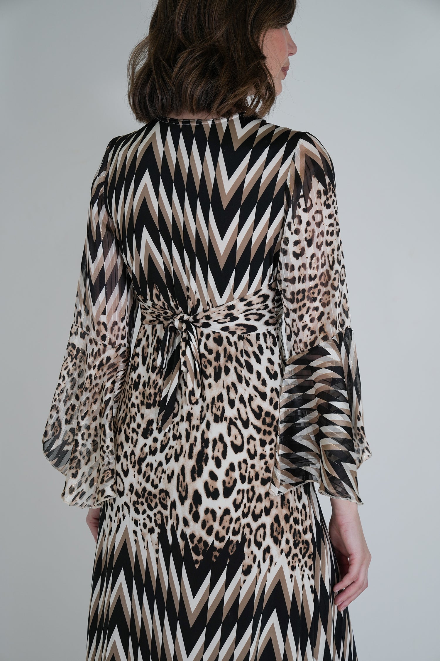 Leopard Zigzag Knot Dress With Sleeves
