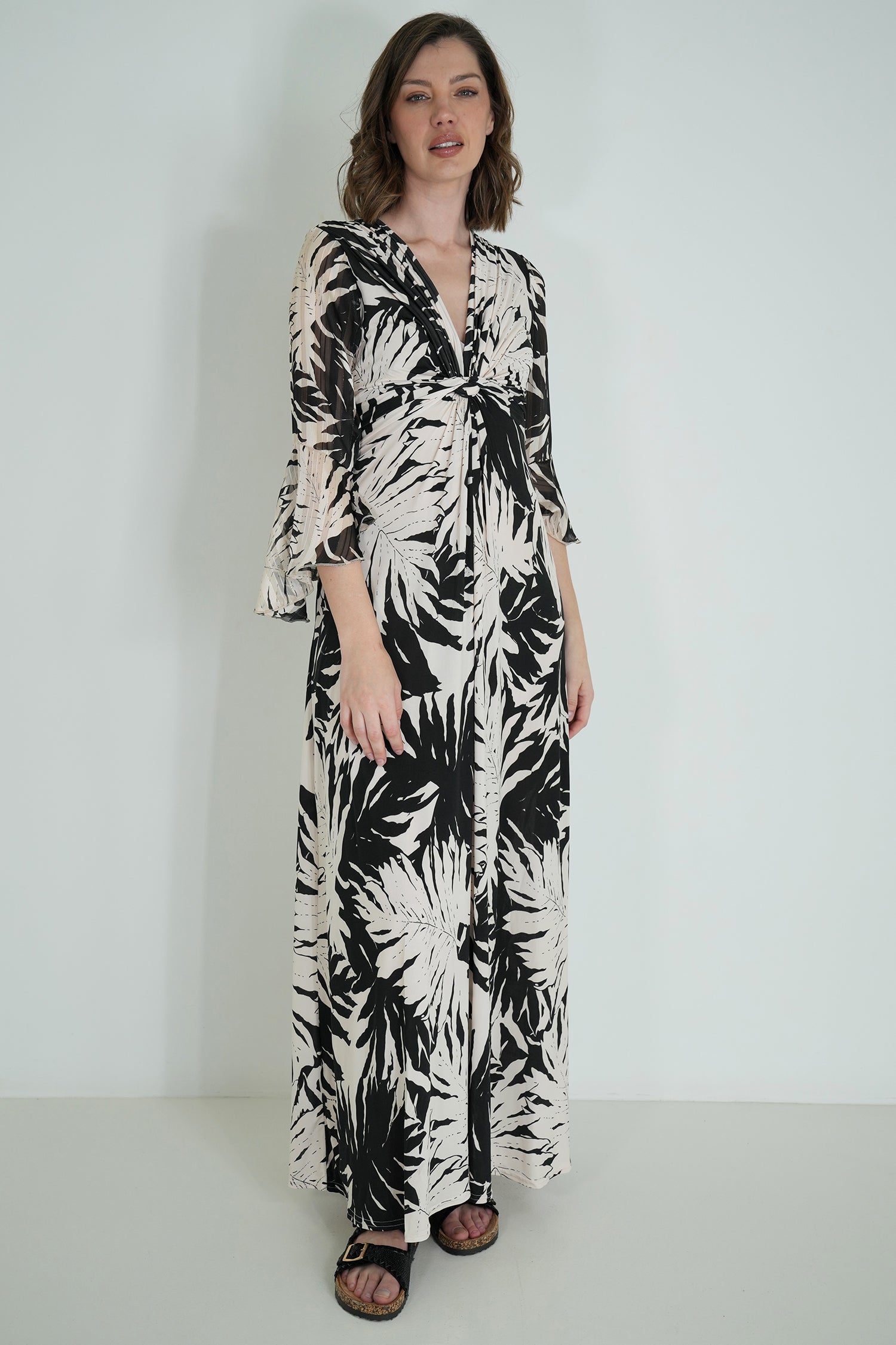 Monochrome Leaf Print Knot Dress With Sleeves