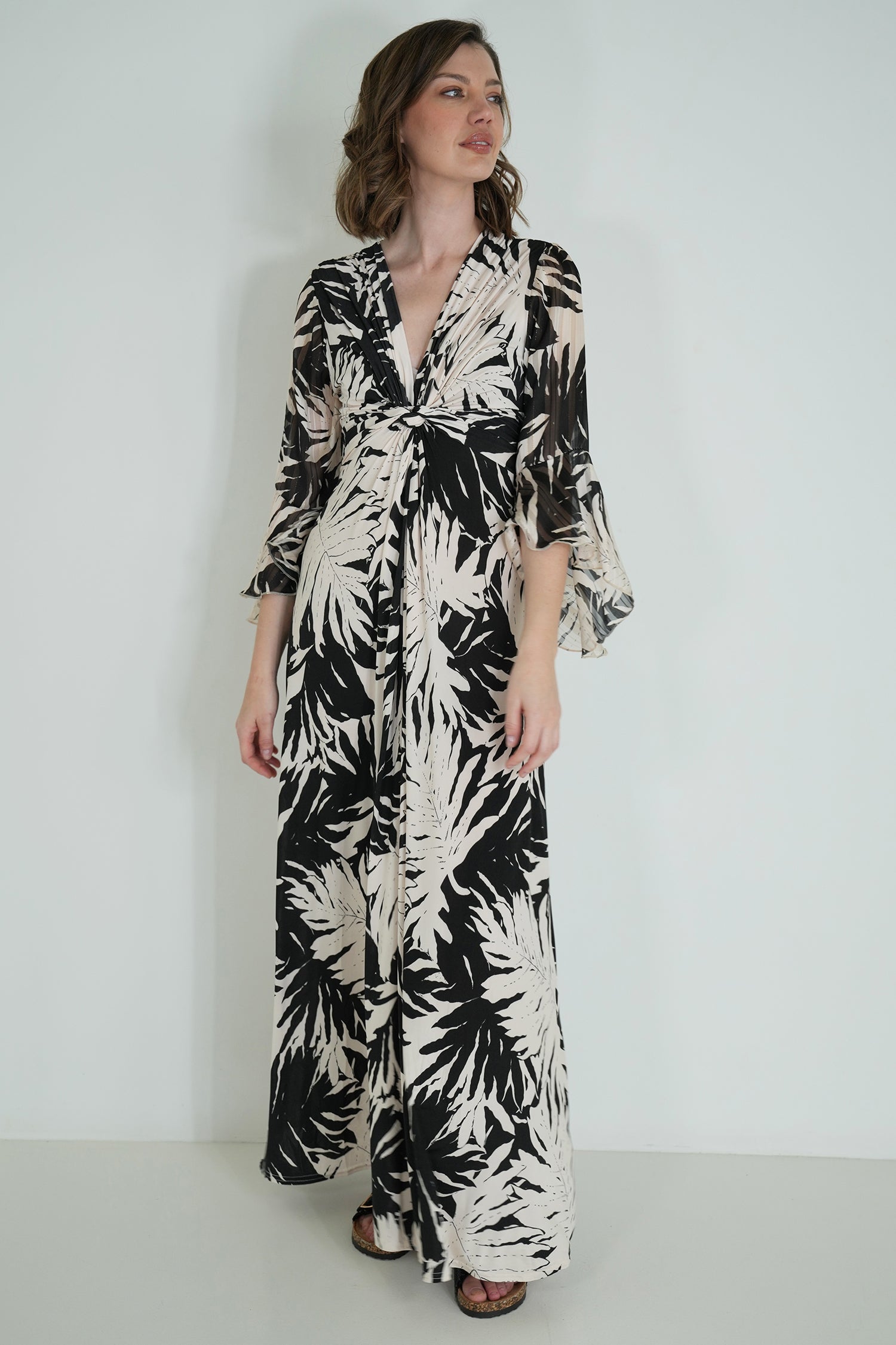 Monochrome Leaf Print Knot Dress With Sleeves