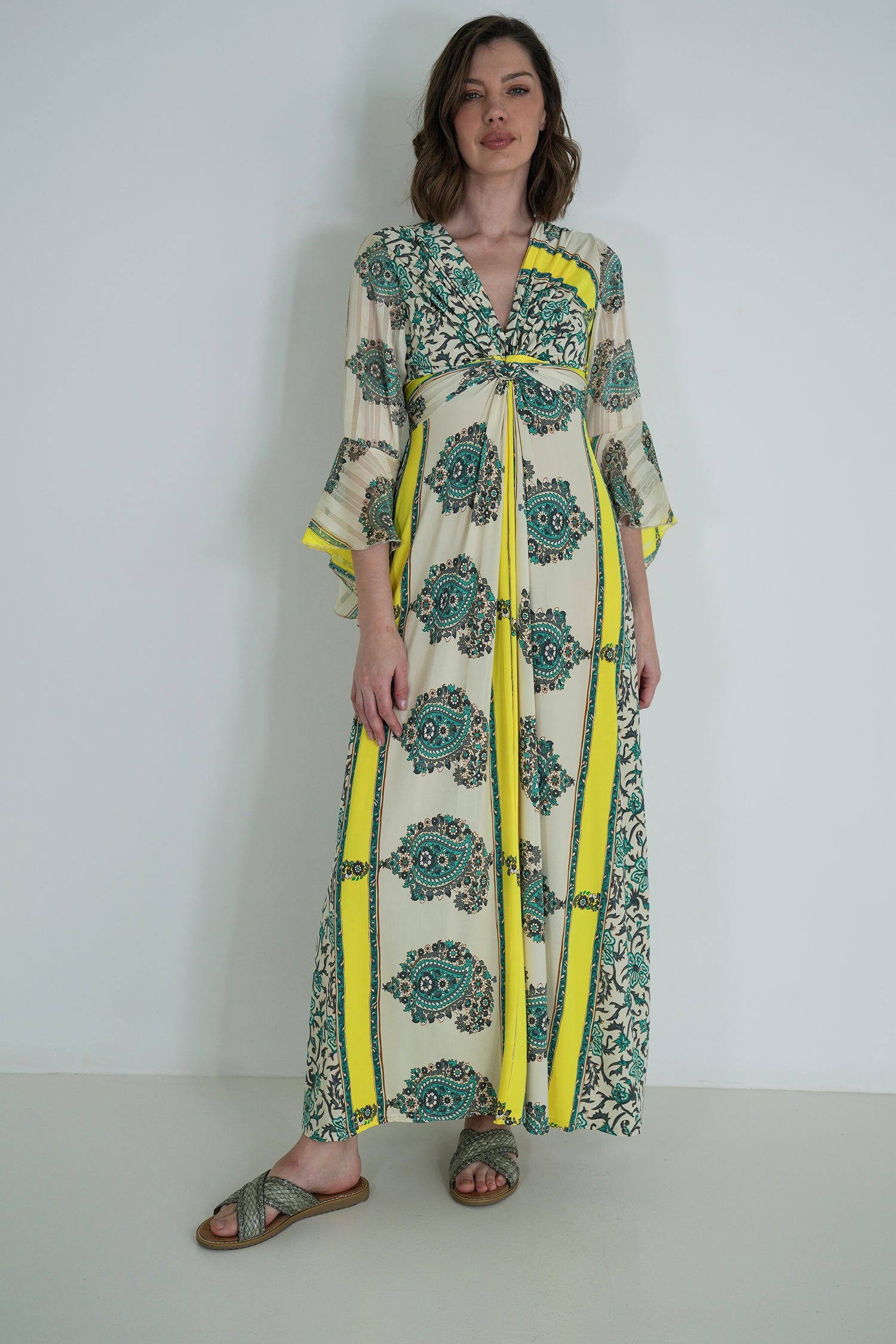 Green and Yellow Knot Dress With Sleeves