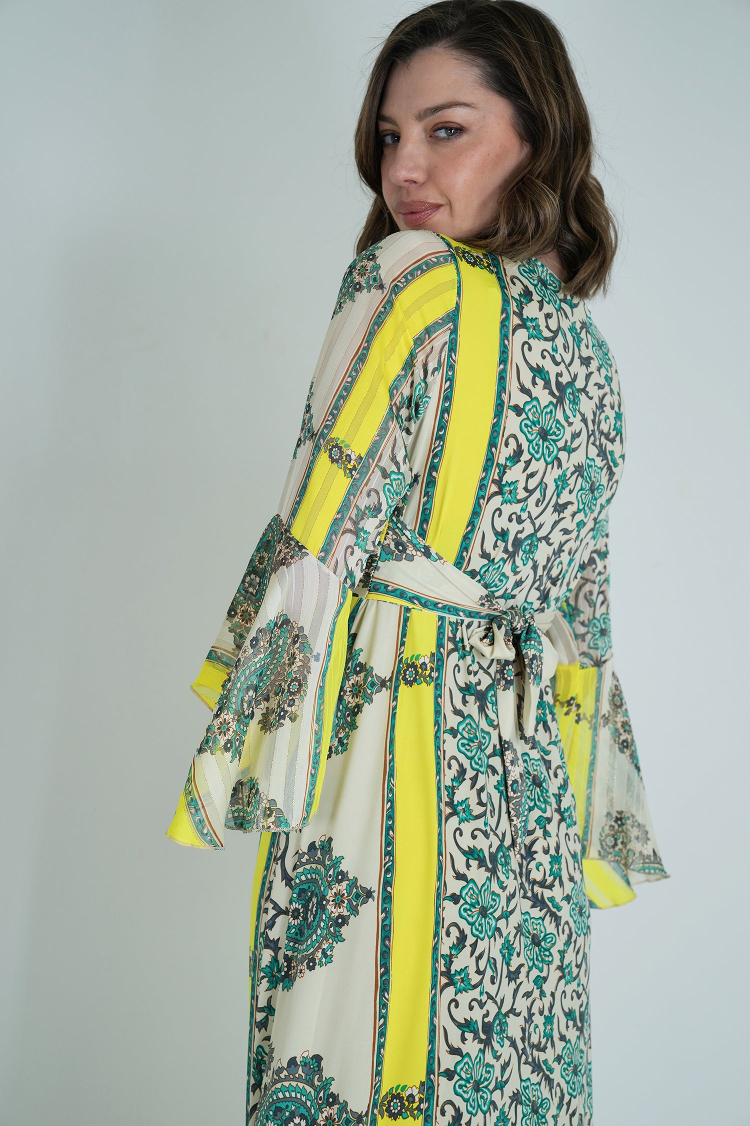 Green and Yellow Knot Dress With Sleeves