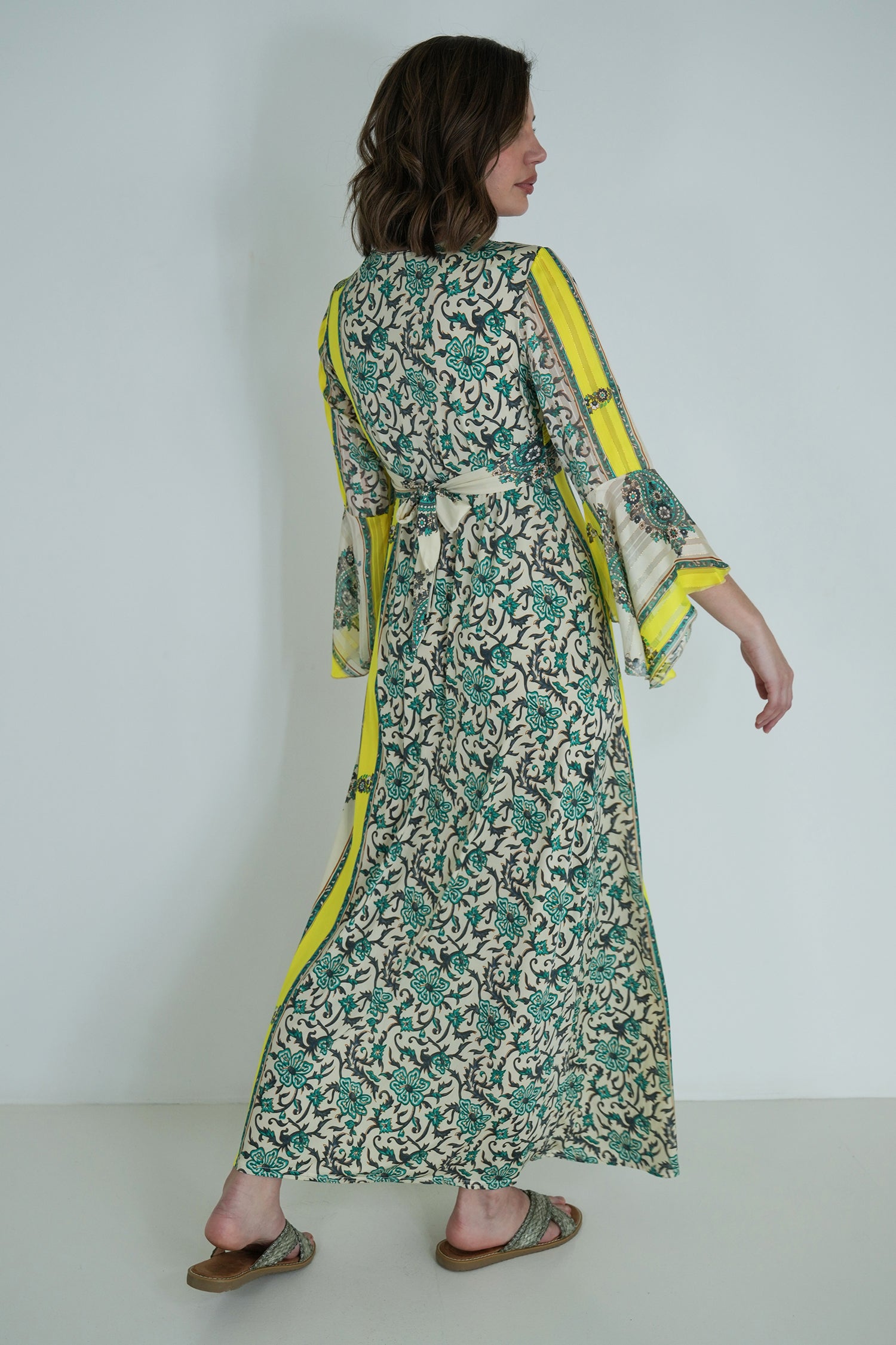 Green and Yellow Knot Dress With Sleeves