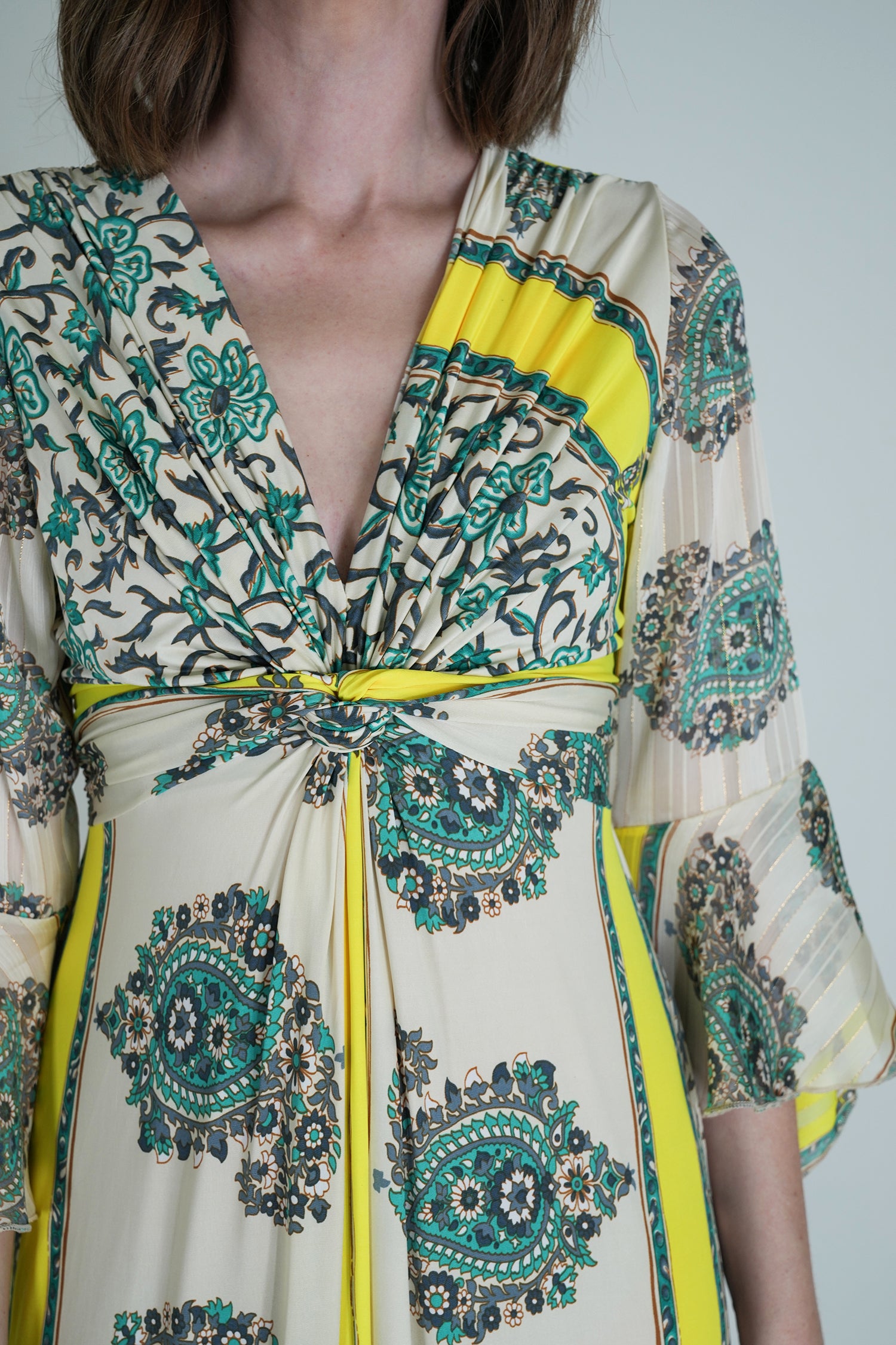 Green and Yellow Knot Dress With Sleeves