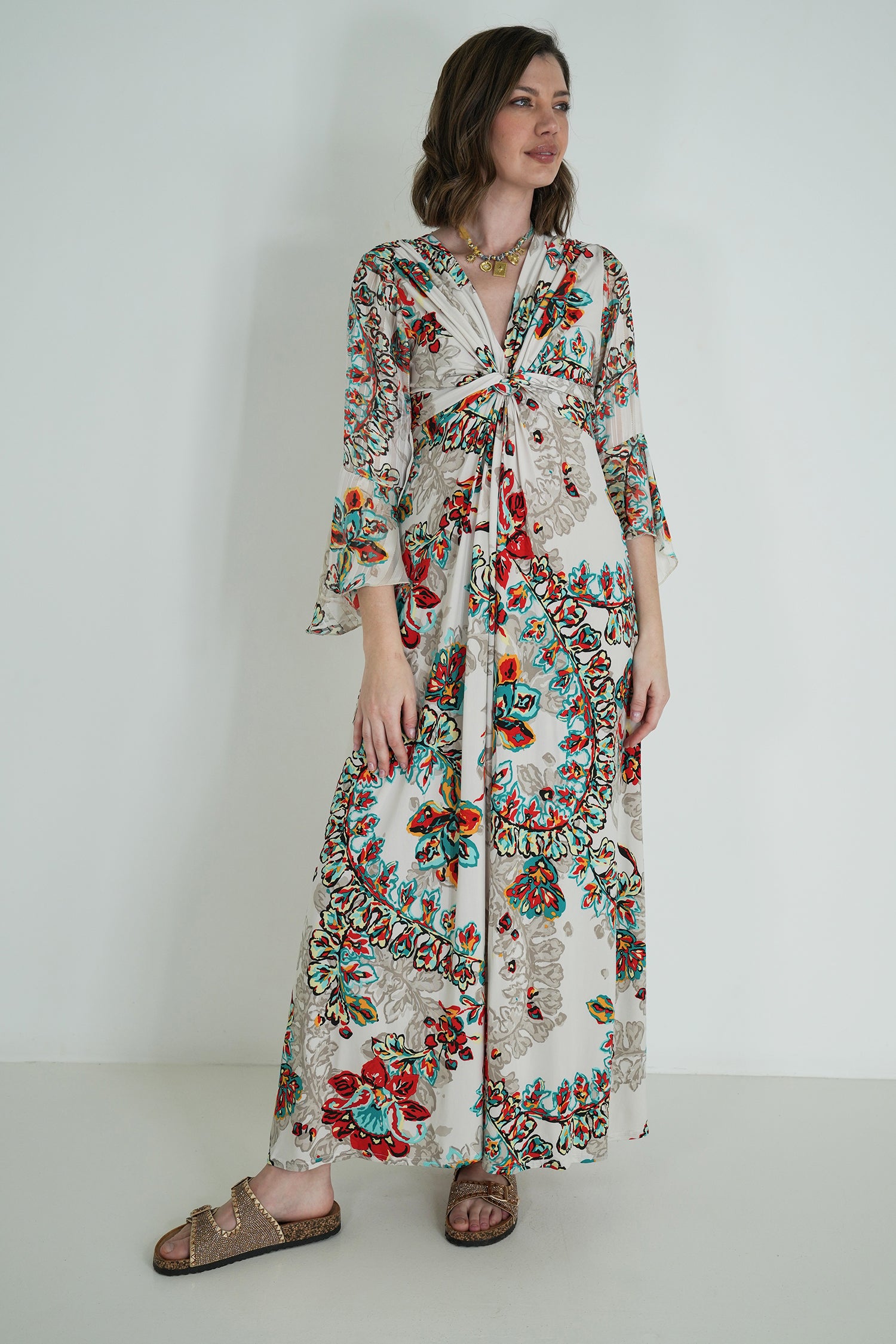 Cream Floral Knot Dress With Sleeves