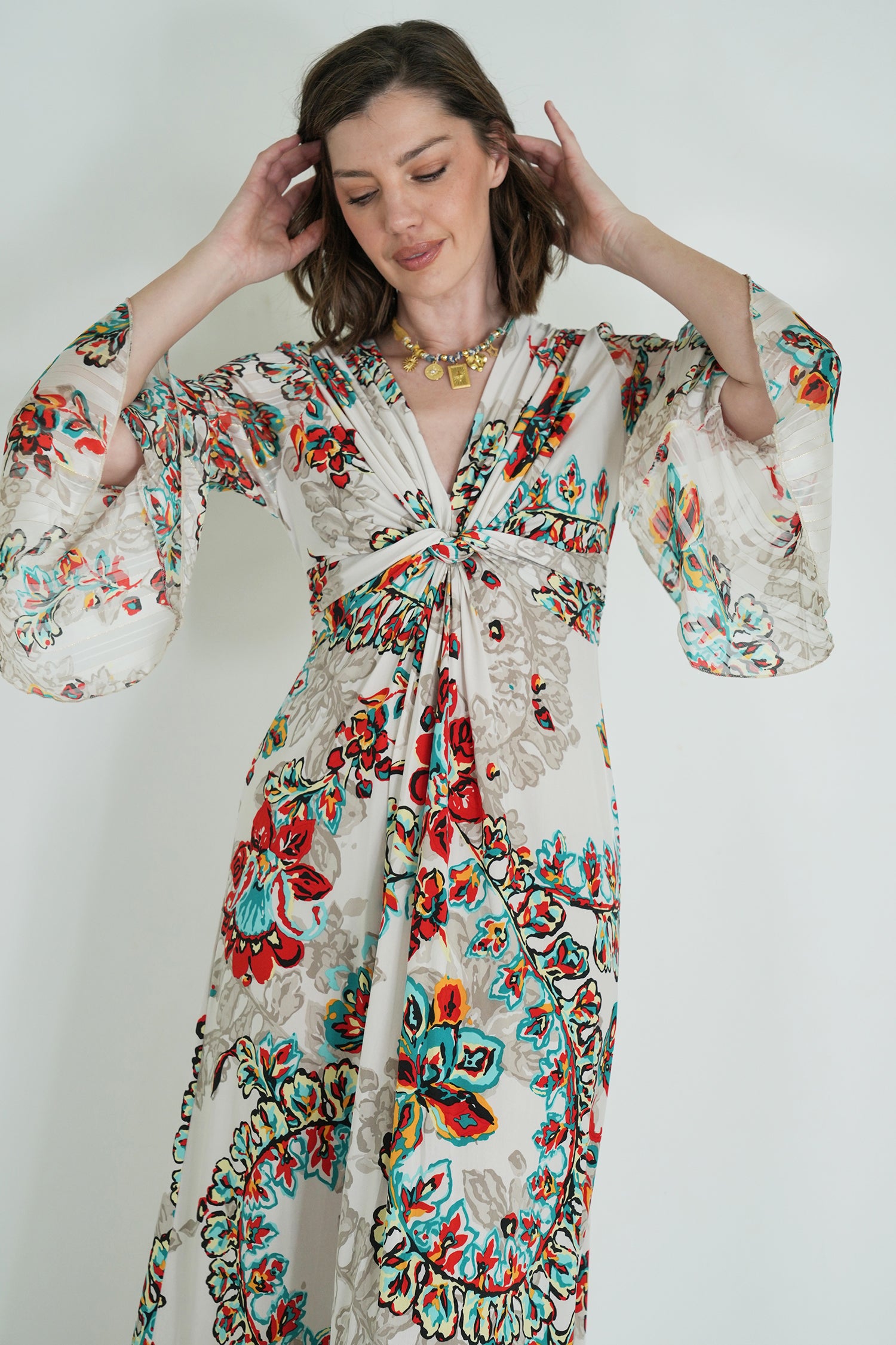 Cream Floral Knot Dress With Sleeves