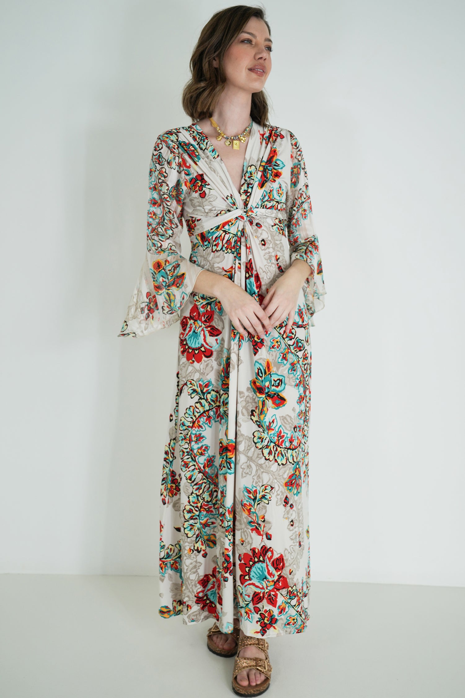 Cream Floral Knot Dress With Sleeves