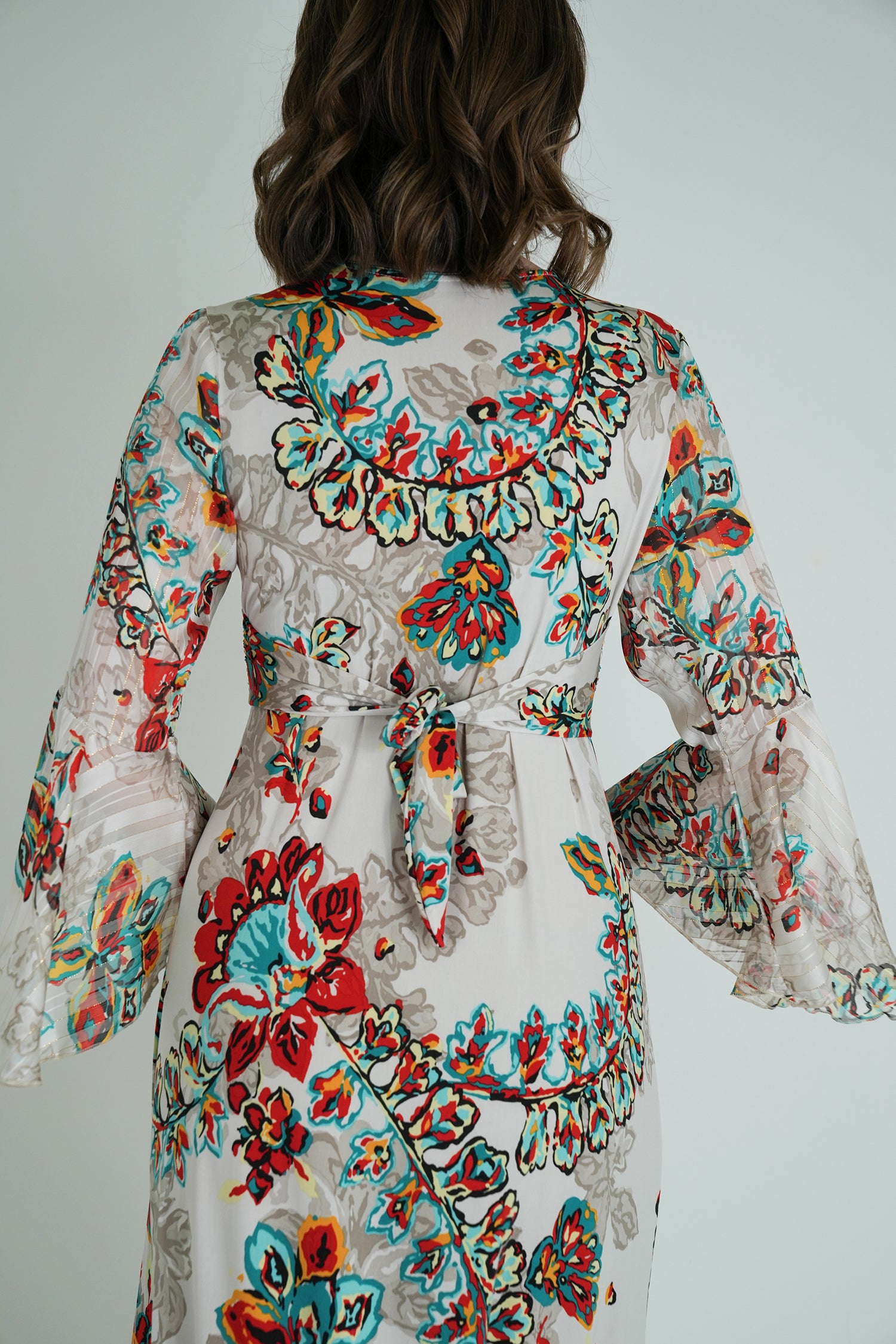 Cream Floral Knot Dress With Sleeves