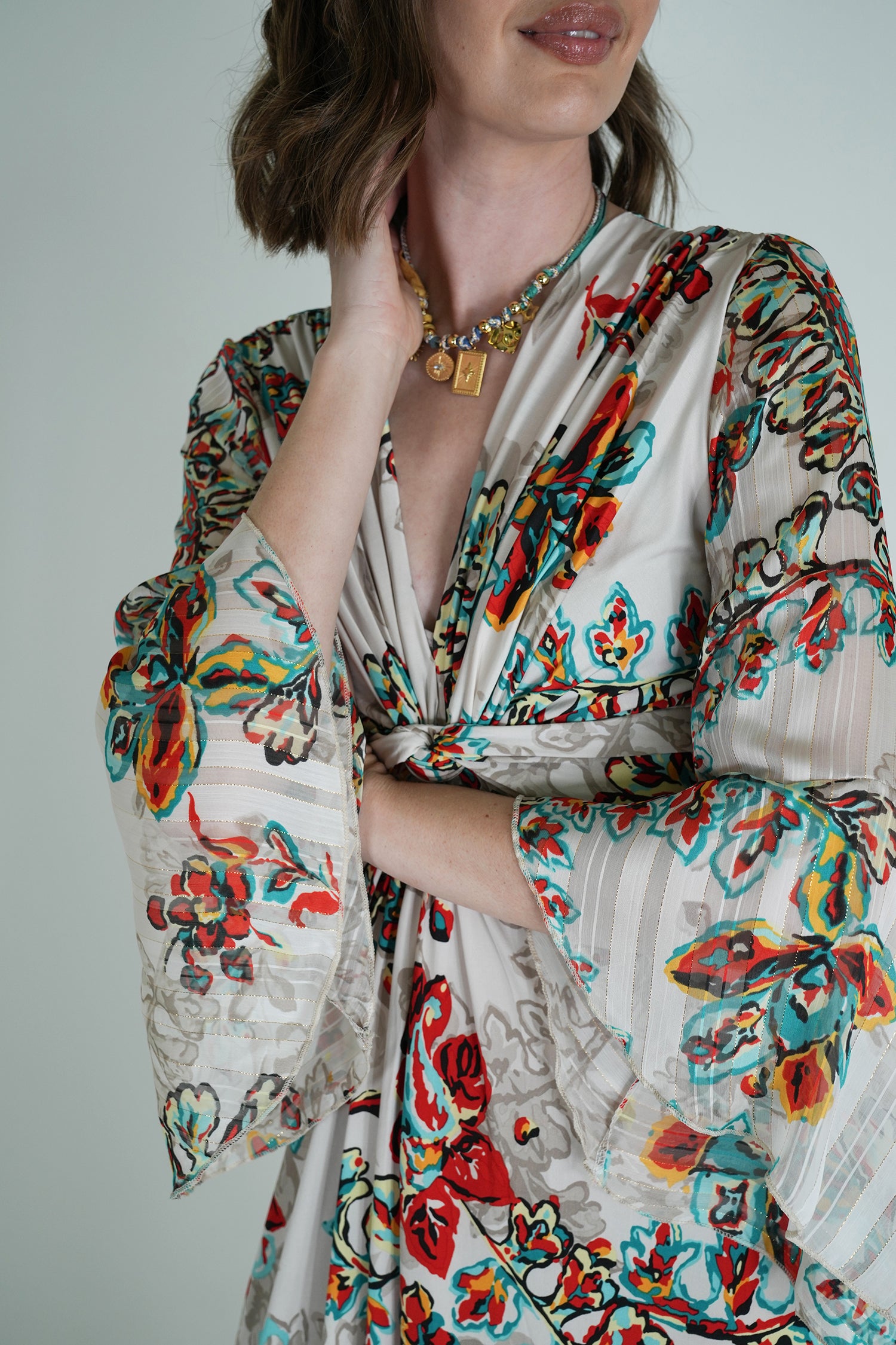 Cream Floral Knot Dress With Sleeves