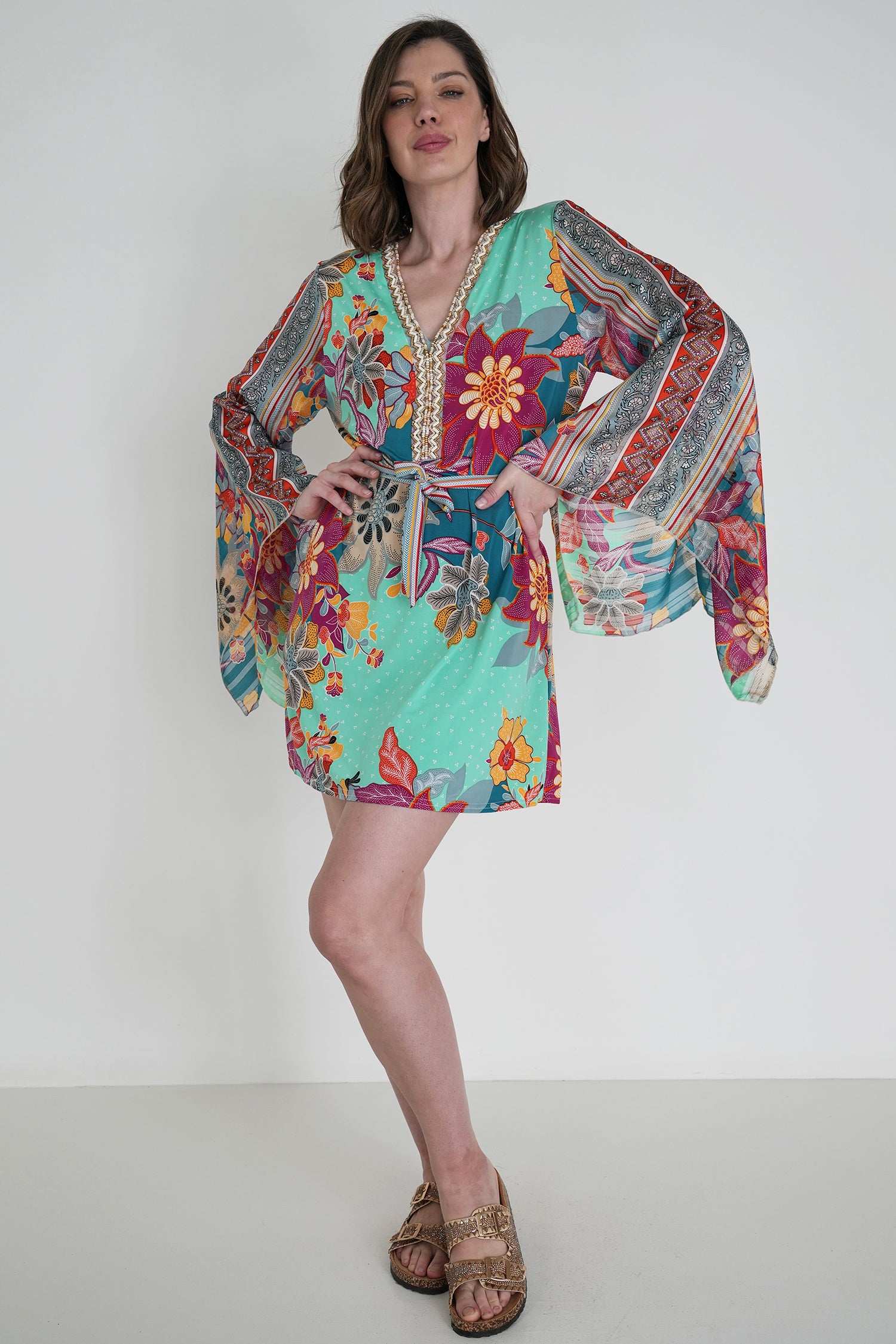 Elena Print St Tropez Tunic Dress, green floral print boho tunic dress from Something Pretty, alternative view