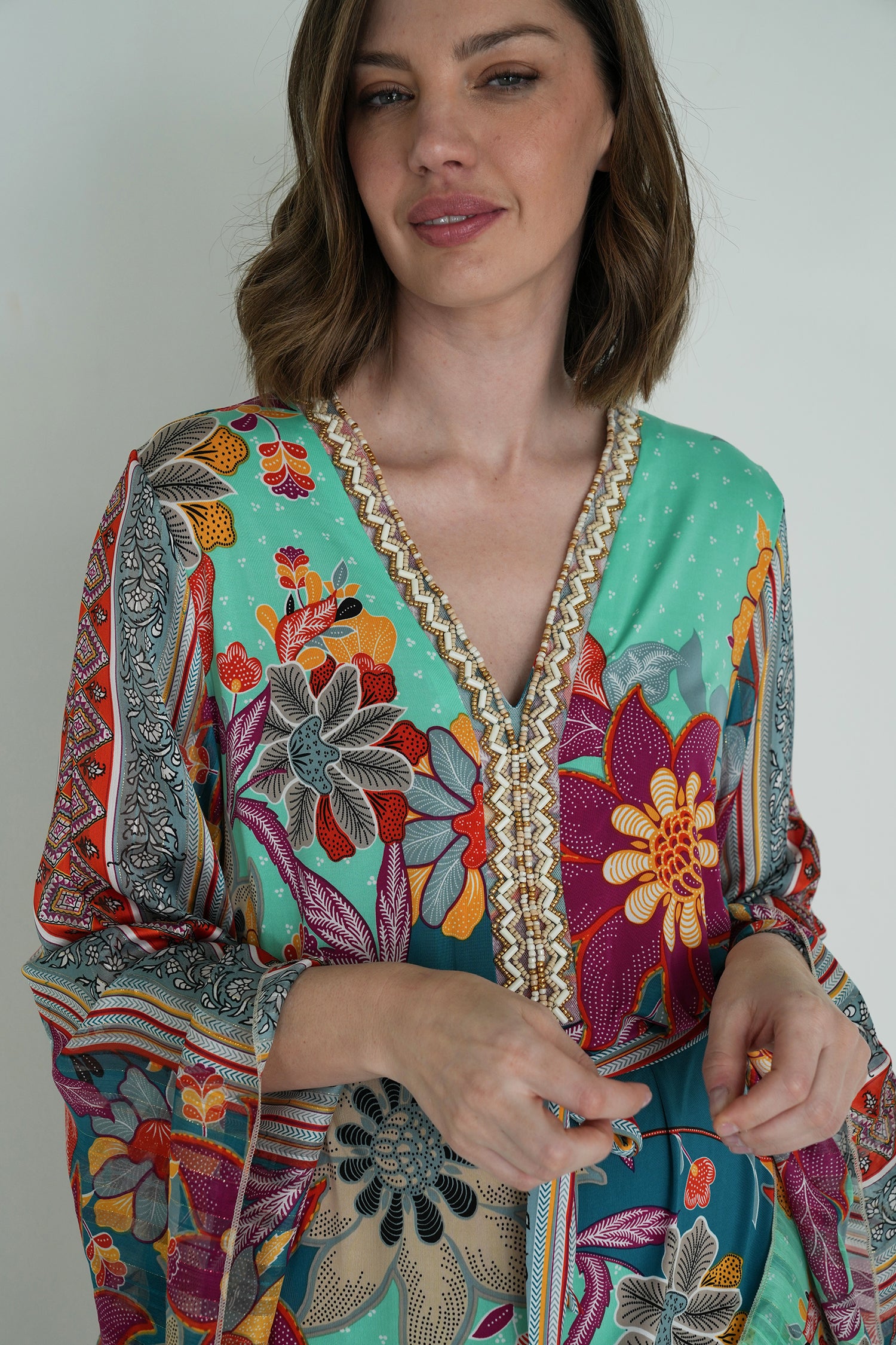 Elena Print St Tropez Tunic Dress, green floral print boho tunic dress from Something Pretty, alternative view