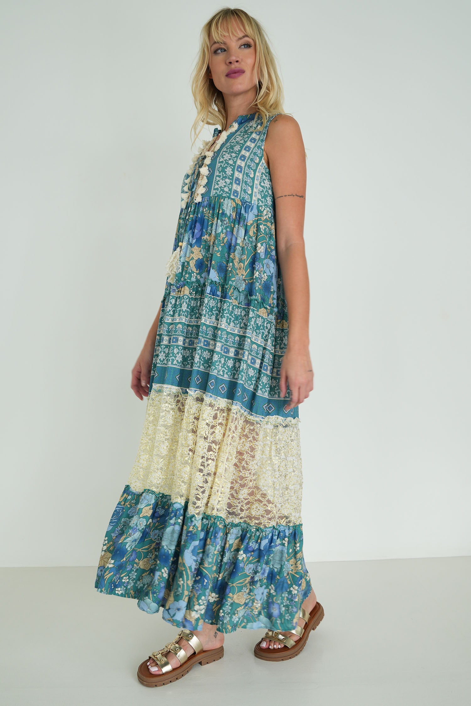 Teal Floral Sleeveless Heather Dress