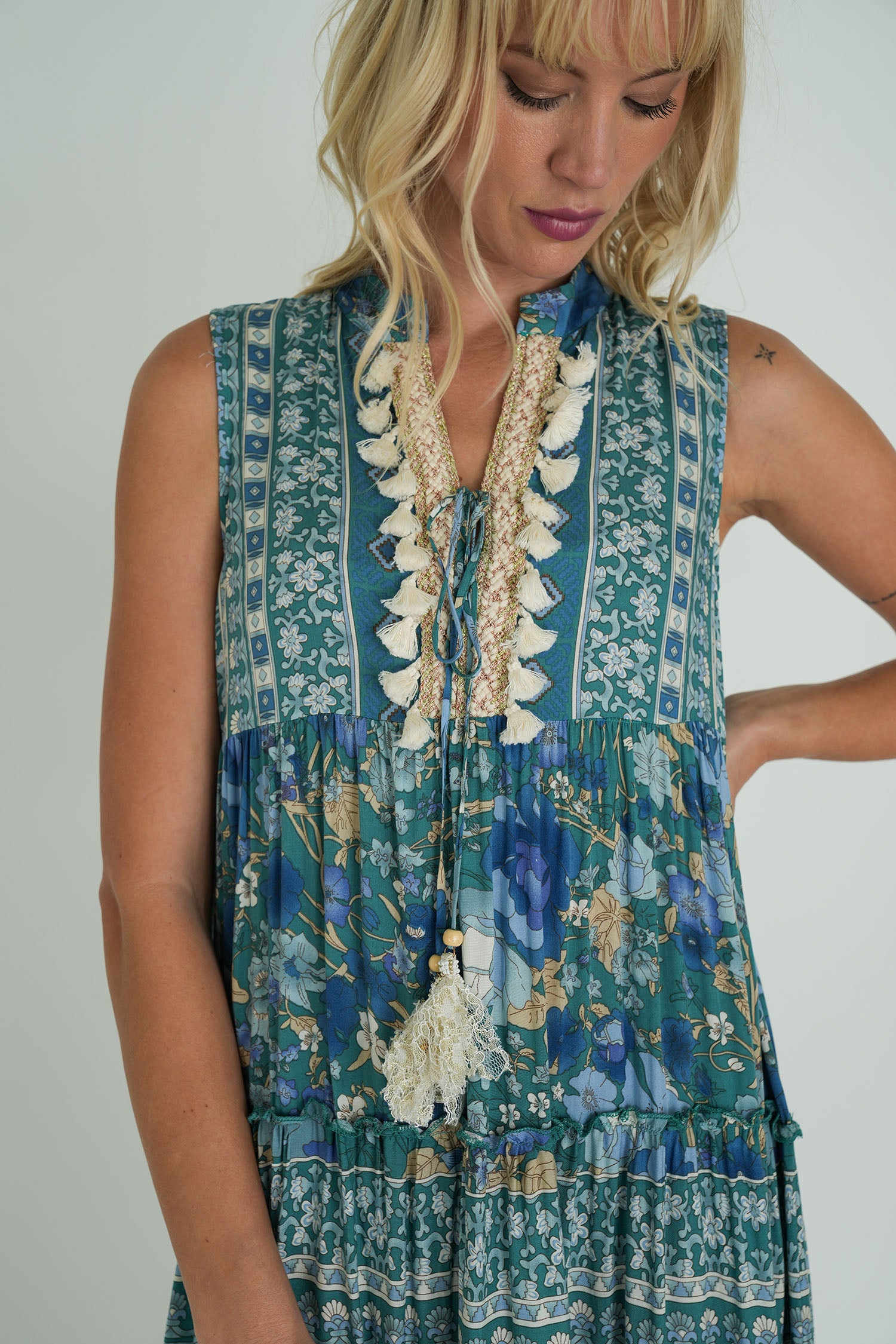 Teal Floral Sleeveless Heather Dress