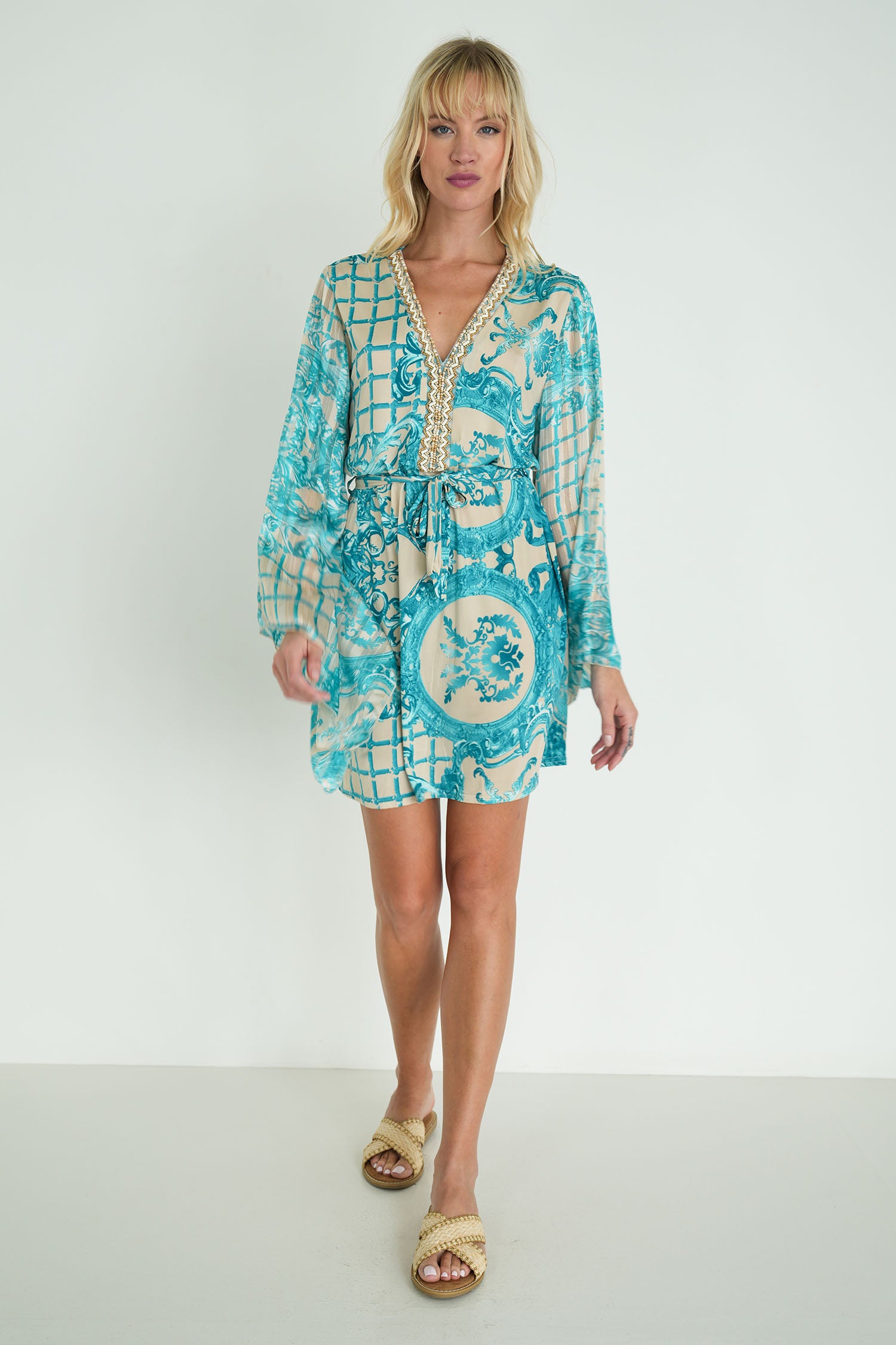 Cream and Turquoise Floral St Tropez Tunic Dress