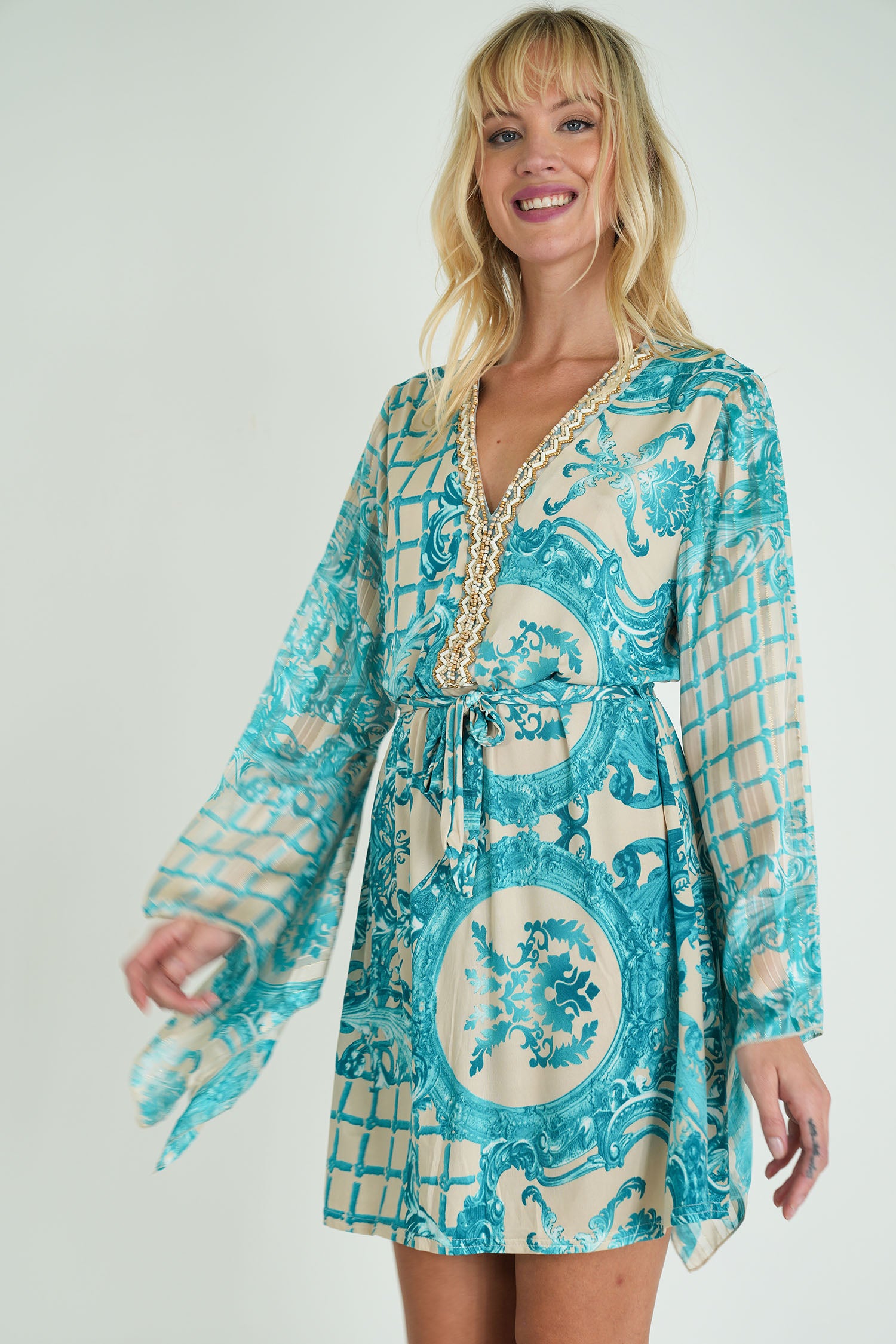 Cream and Turquoise Floral St Tropez Tunic Dress