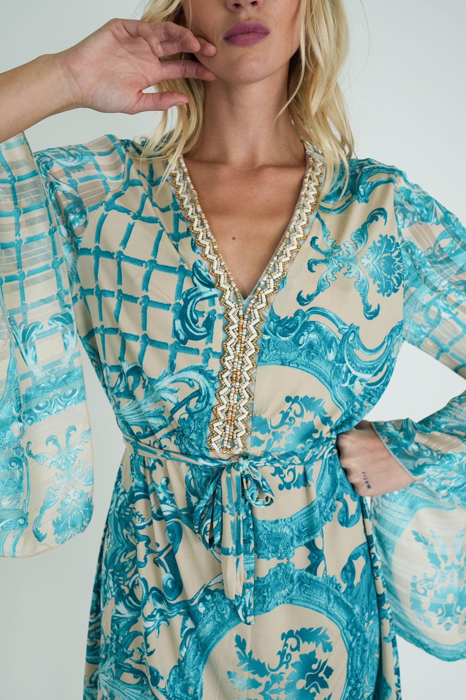Cream and Turquoise Floral St Tropez Tunic Dress
