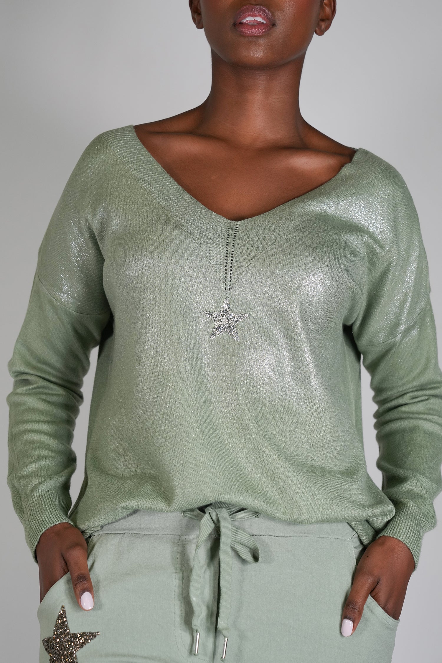 Olive Star Shimmer Jumper