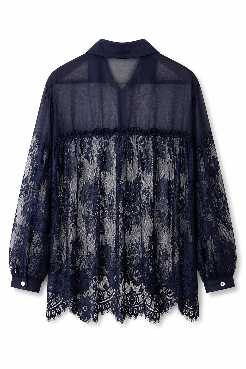 A navy blue sheer mesh blouse with a floral lace overlay, long balloon sleeves, and a scalloped lace hem, shown against a plain white background.