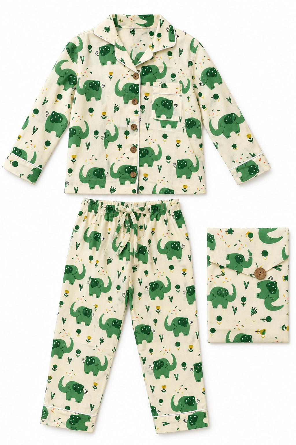 A three-piece children's pajama set featuring a long-sleeve button-front top and matching drawstring pants, both in an off-white fabric with a green cartoon elephant print. A folded matching pocket square is shown on the right.