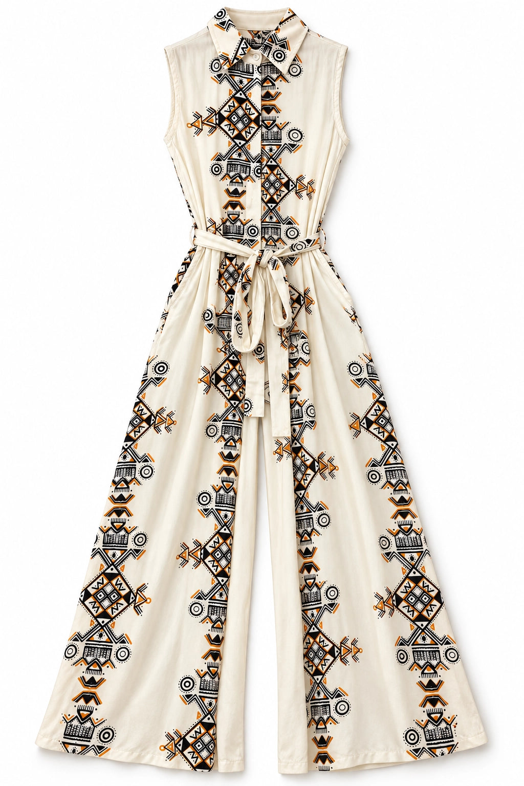 Cream and Black Print Cotton Jumpsuit