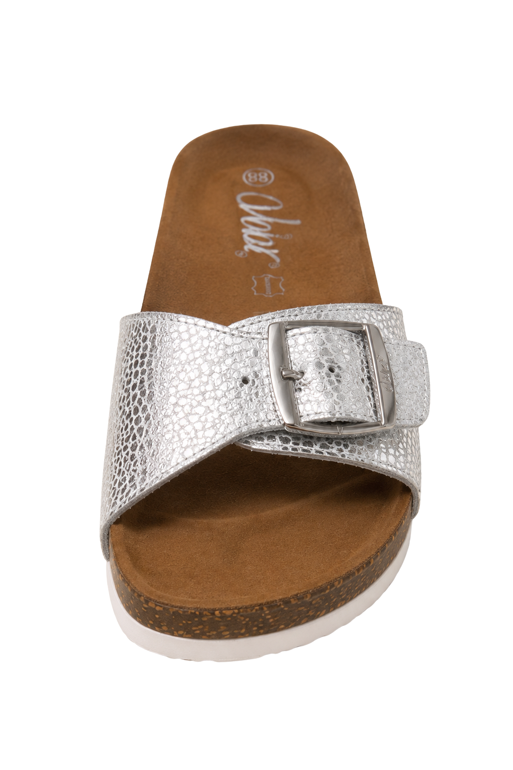 A single women's slide sandal with a textured silver buckle strap and a brown contoured footbed, shown from a top-down view on a white background.