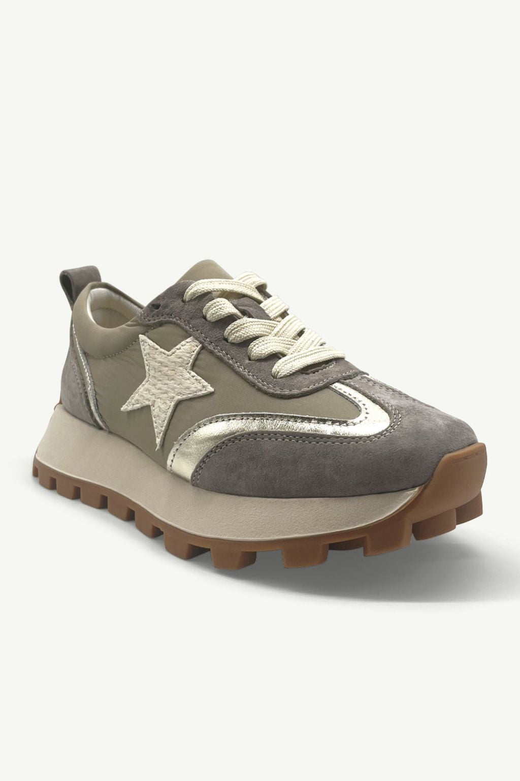 Gray sneaker with a star design on a white background
