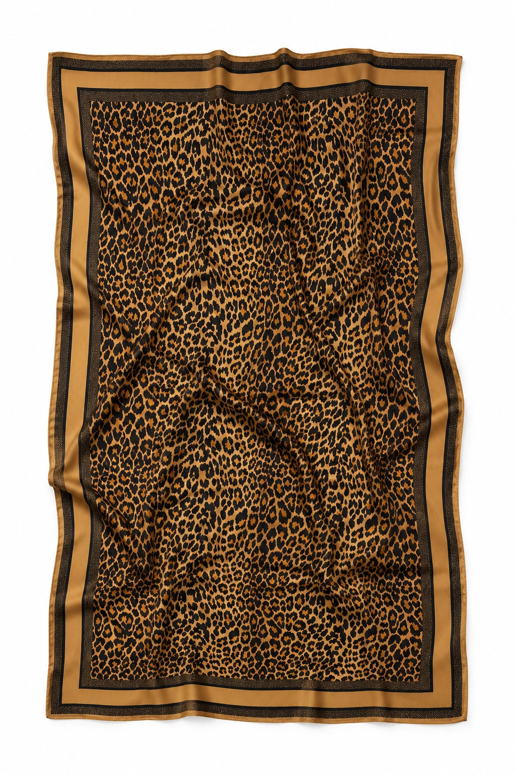 A rectangular scarf with a leopard print pattern in brown and black, featuring a wide tan border with thin black stripes, laid flat on a white background.