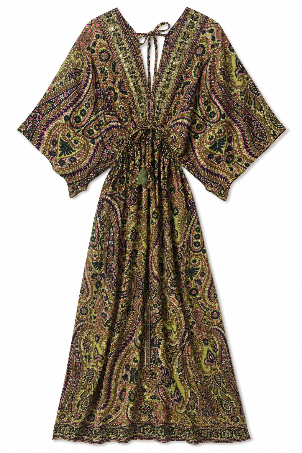 A bohemian-style kaftan dress featuring an intricate paisley pattern in olive green, brown, and purple, with wide short sleeves and a tie-neck design.