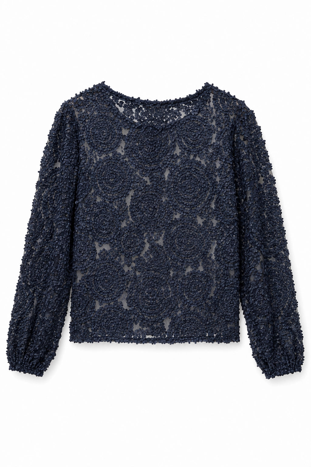 A navy blue textured knit sweater with a sheer floral lace pattern, long balloon sleeves, and a crew neckline, shown flat on a white background.