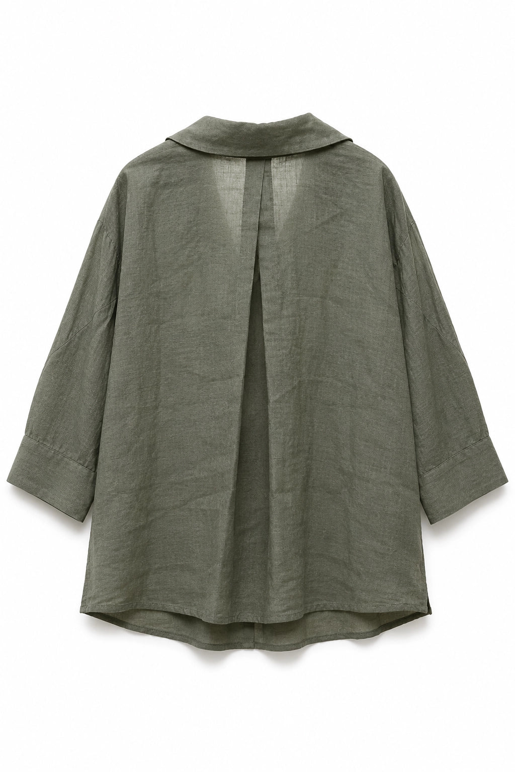 An olive green linen shirt jacket with a wide collar and three-quarter sleeves, shown from the back on a white background.