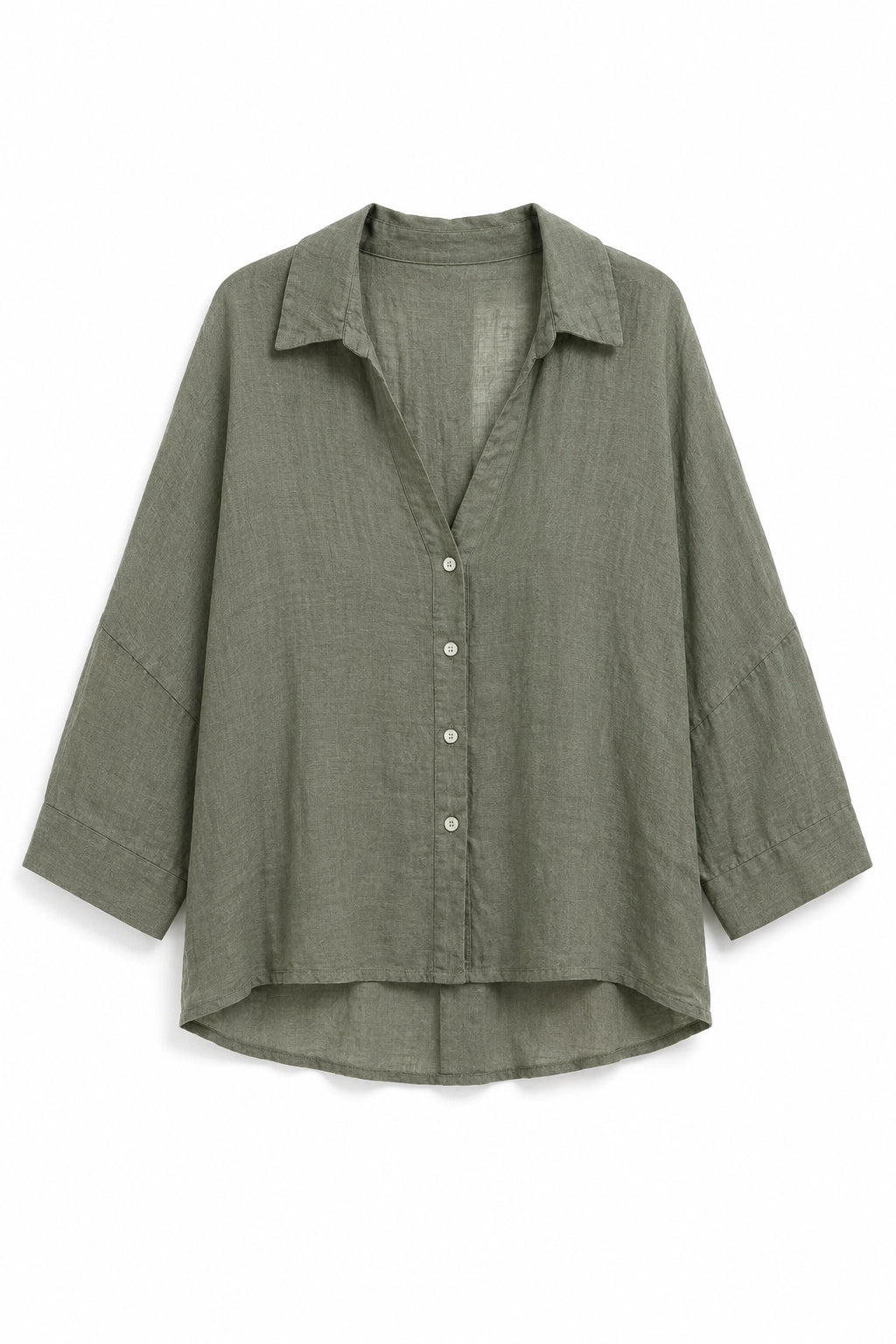 An olive green linen button-up shirt with a relaxed, oversized fit, three-quarter sleeves, and a pointed collar, shown against a plain white background.