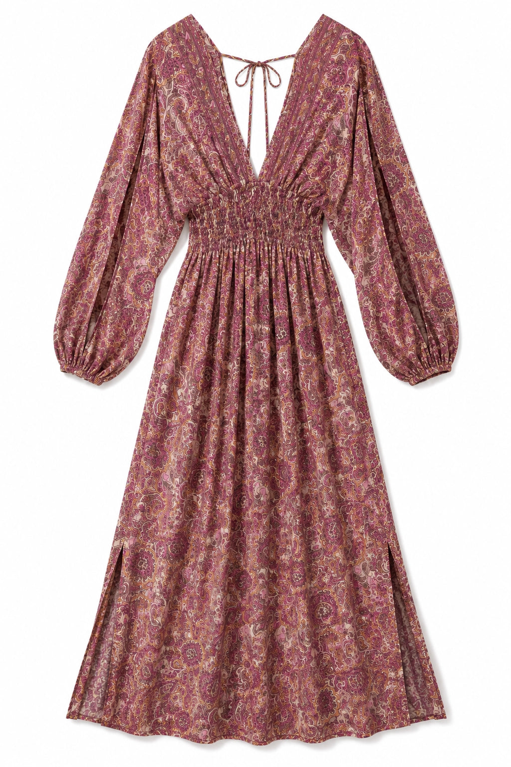 A long-sleeve midi dress with a smocked waist and a deep V-neckline tied at the collar, featuring an all-over paisley pattern in dusty rose, mauve, and burgundy tones, shown against a plain white background.