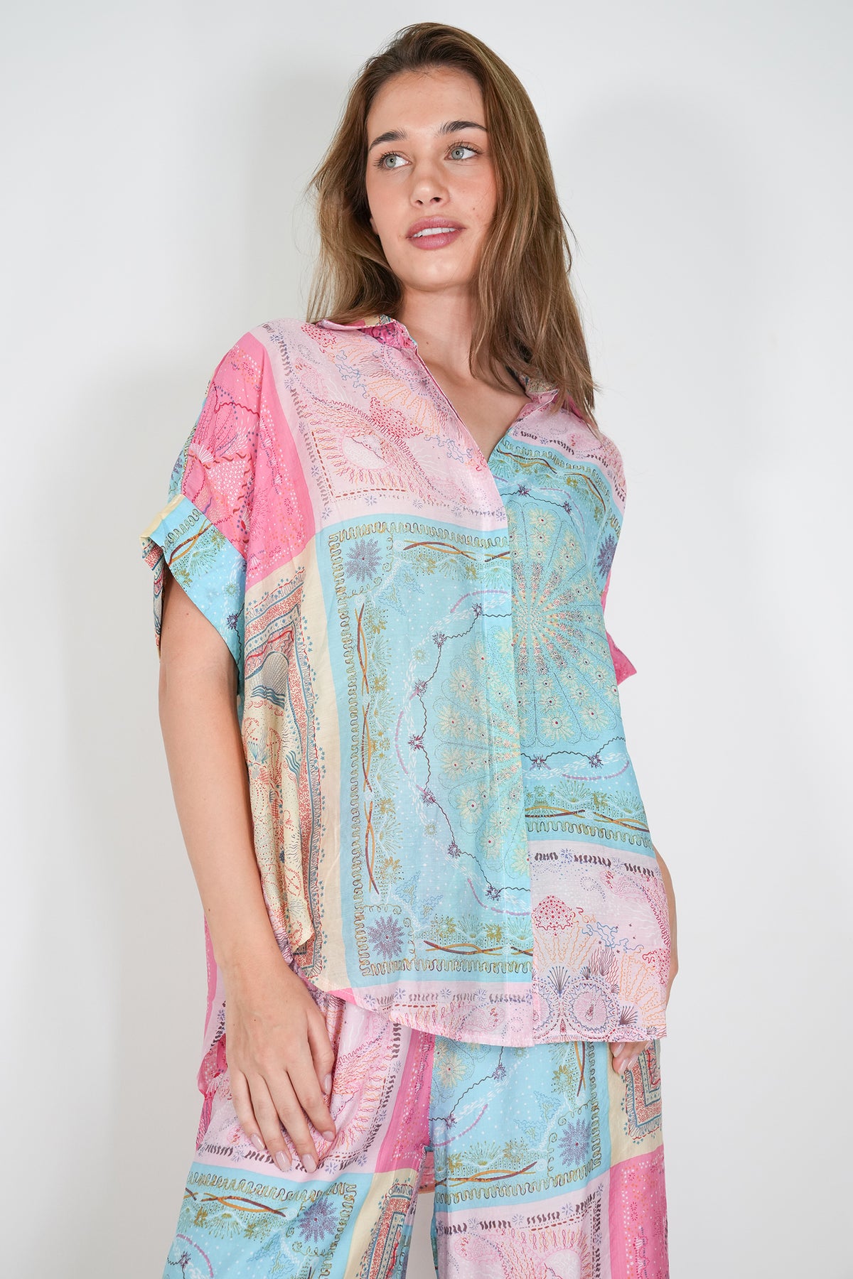 Pink and Turquoise Print Blouse