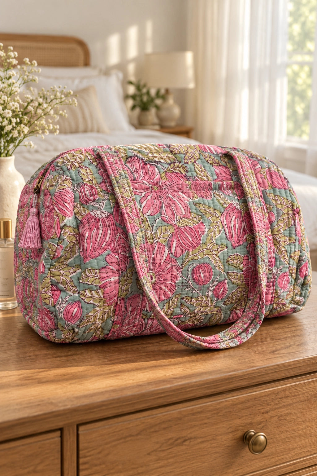 Sage and Pink Floral Duffel Bag With Zip