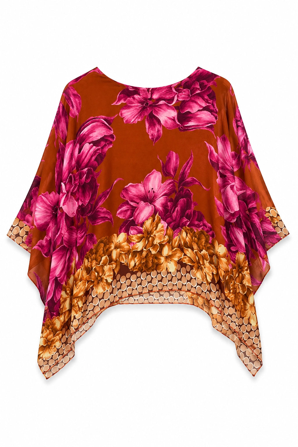 A women's kaftan-style top with a warm rust-orange base, featuring a large magenta floral print and a textured gold pattern along the curved hem.