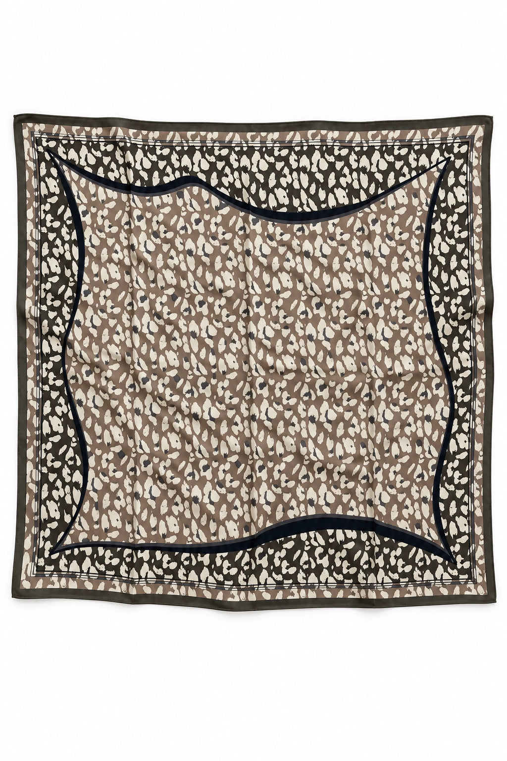 A square scarf with an abstract leopard-like print in brown, beige, and black, featuring a solid dark border.