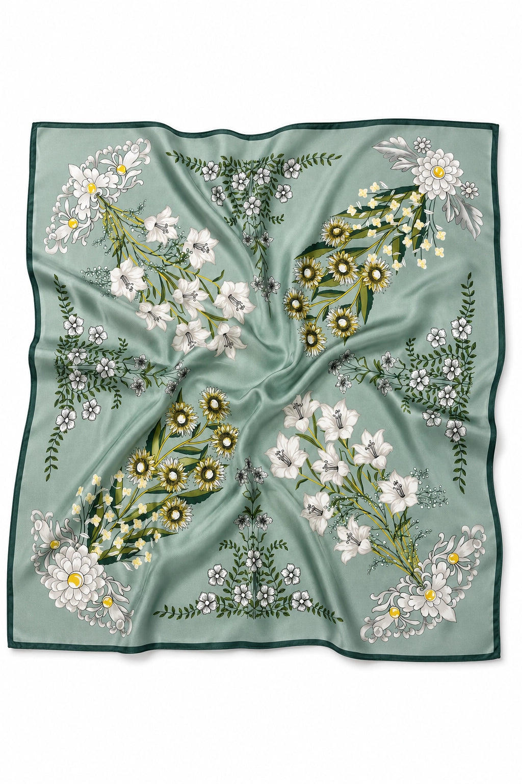 A square satin scarf with a sage green background, featuring an all-over floral print of white flowers, yellow centers, and green foliage, finished with a solid dark green border.