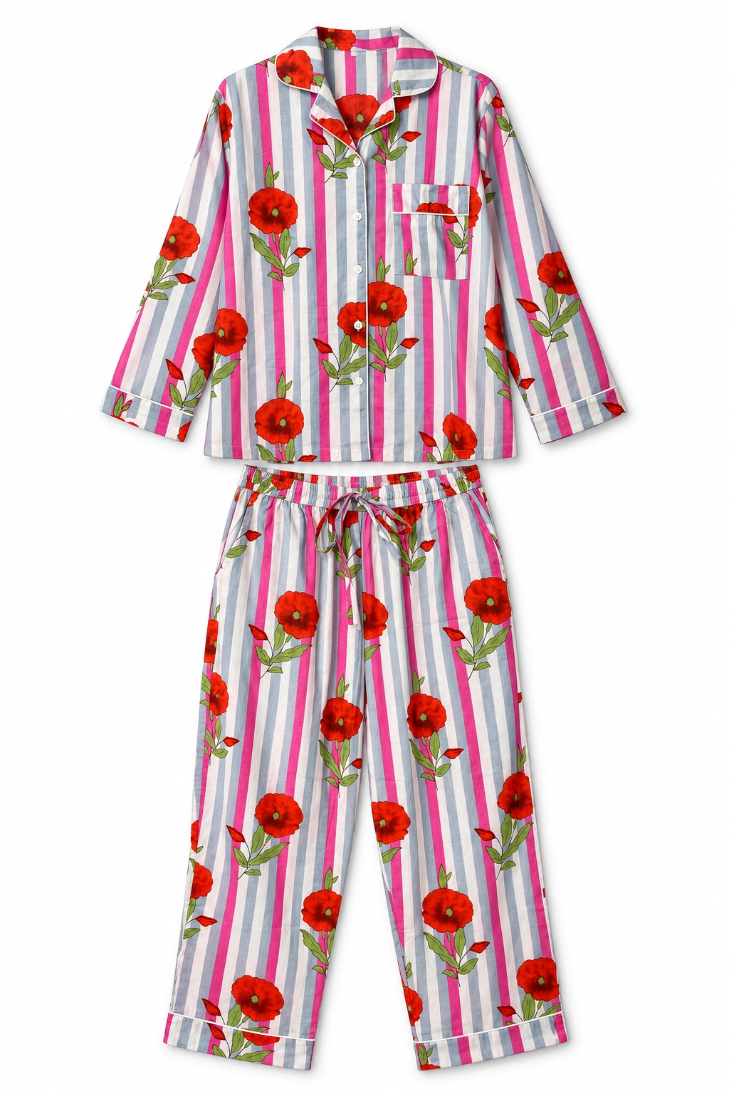 Pink Striped Red Flower Cotton Long Sleeve PJ
