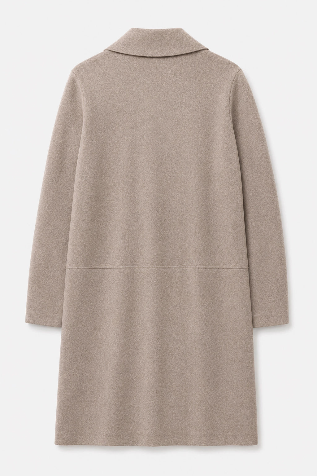 A long-sleeve, knee-length coat in a warm taupe-beige color, shown from the back against a light gray studio background.