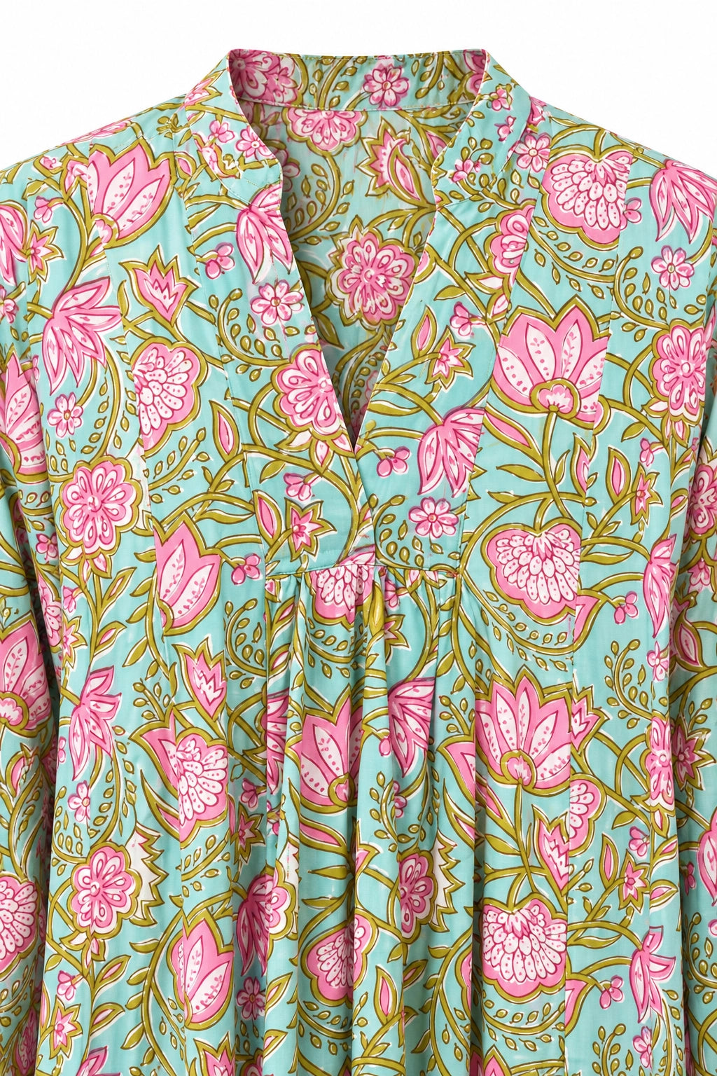 Turquoise and Pink Cotton Print Liyana Kaftan Dress