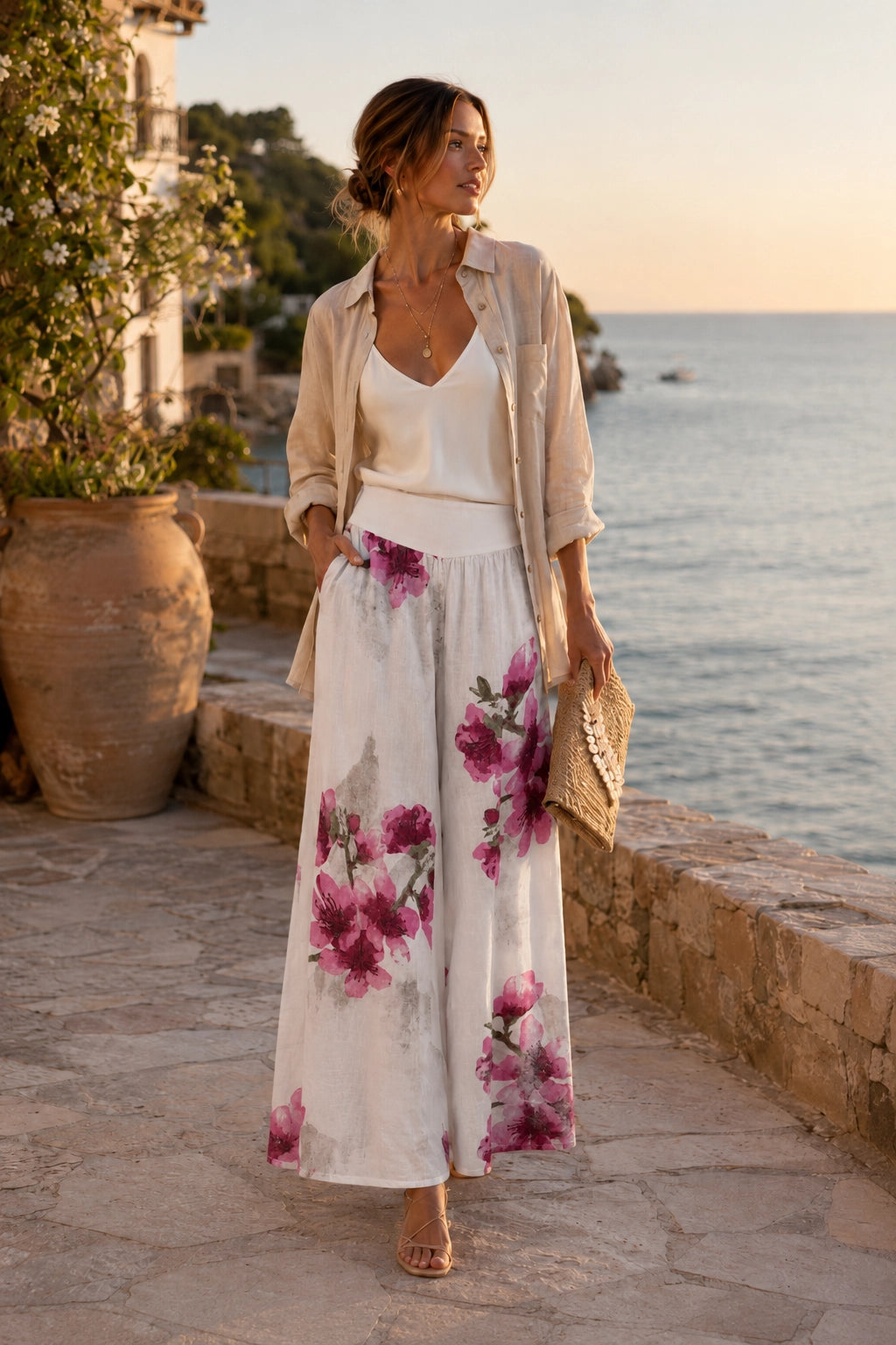 A woman stands on a stone walkway by the sea at sunset, wearing a white sleeveless top and a long white skirt with large pink floral prints, layered with a light beige open shirt and holding a woven straw bag.