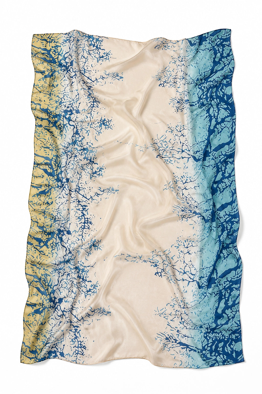 A lightweight silk scarf with a vertical color-blocked pattern featuring a central cream-white section, a yellow-gold section on the left, and a blue section on the right, all decorated with a blue branch or tree-like abstract print.