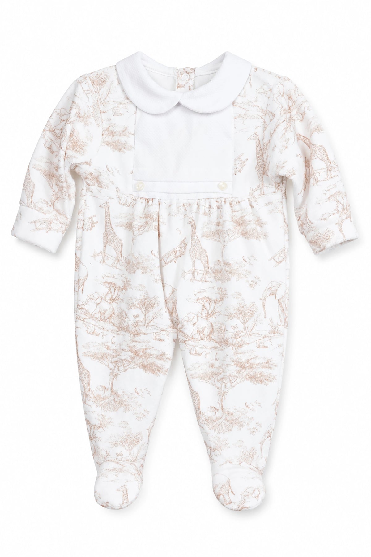 Baby onesie with lace design and white collar on a white background
