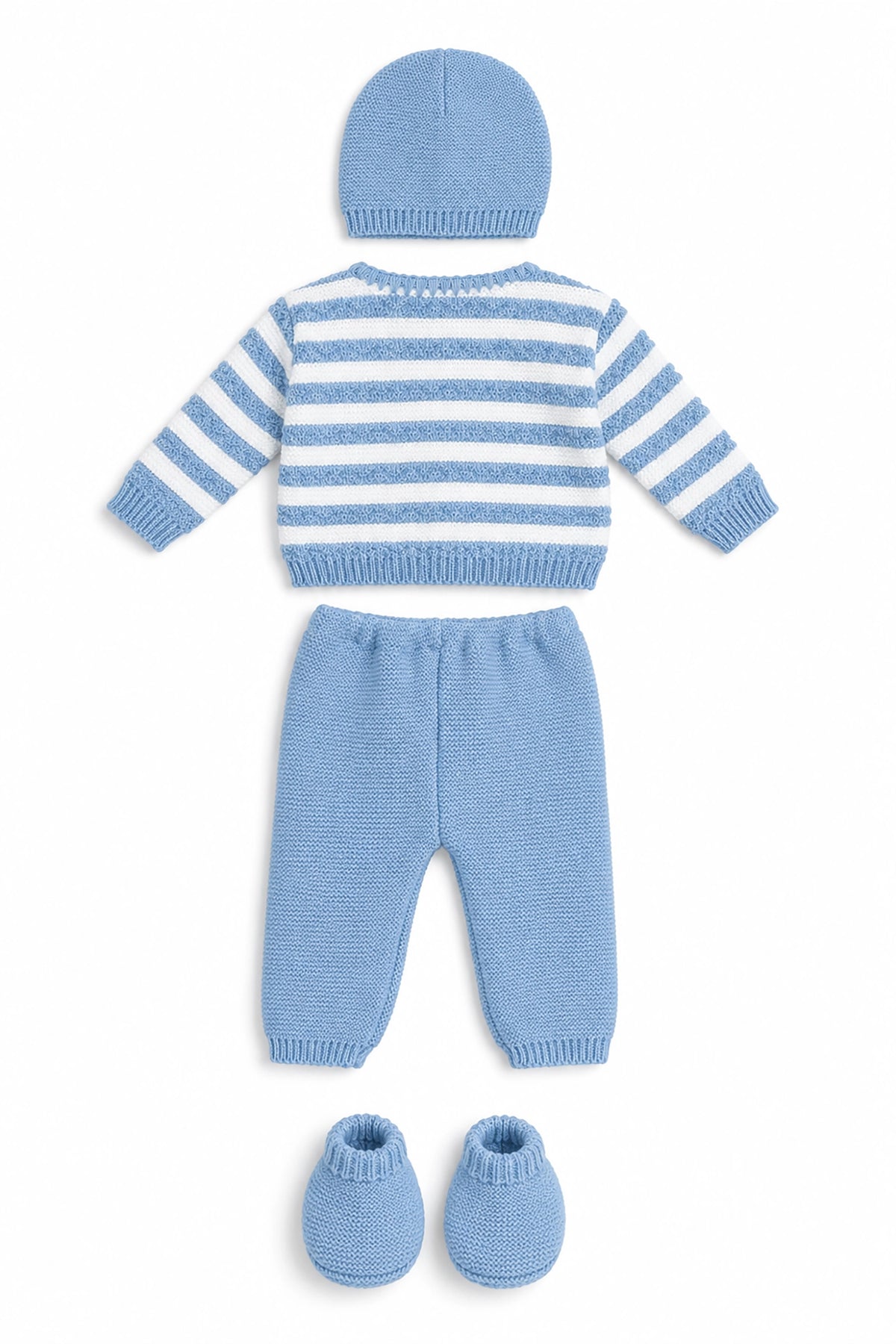 Blue baby outfit with striped sweater, pants, and booties on a white background
