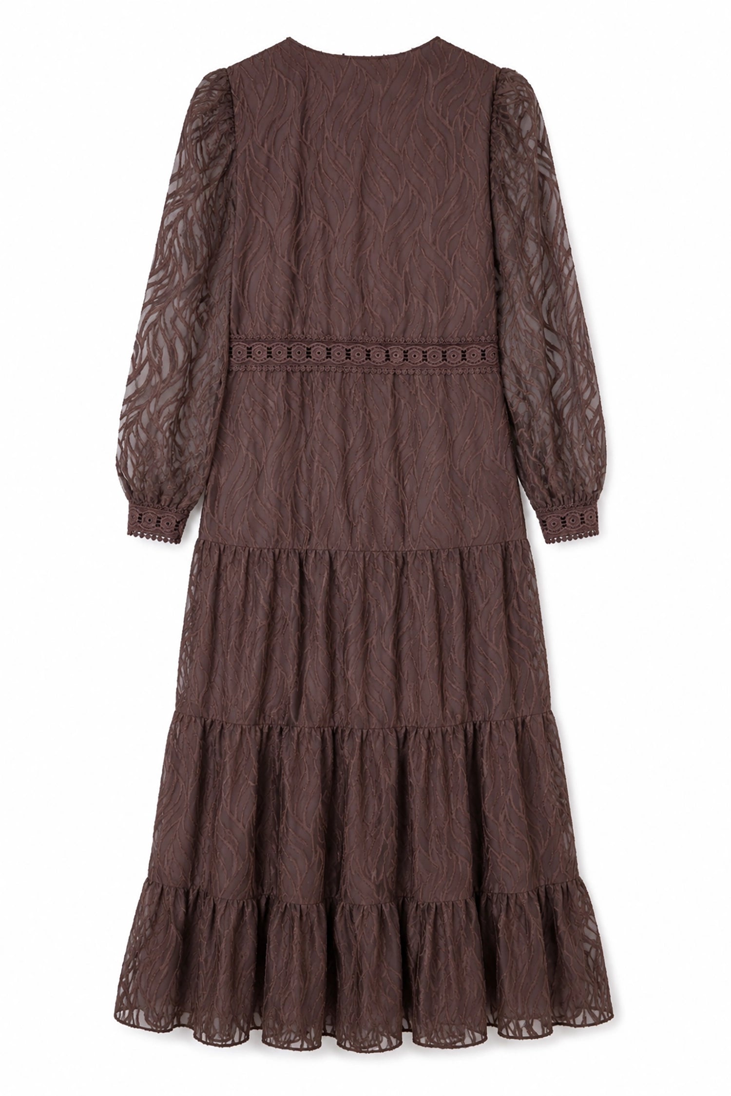Brown tiered dress with long sleeves on a white background