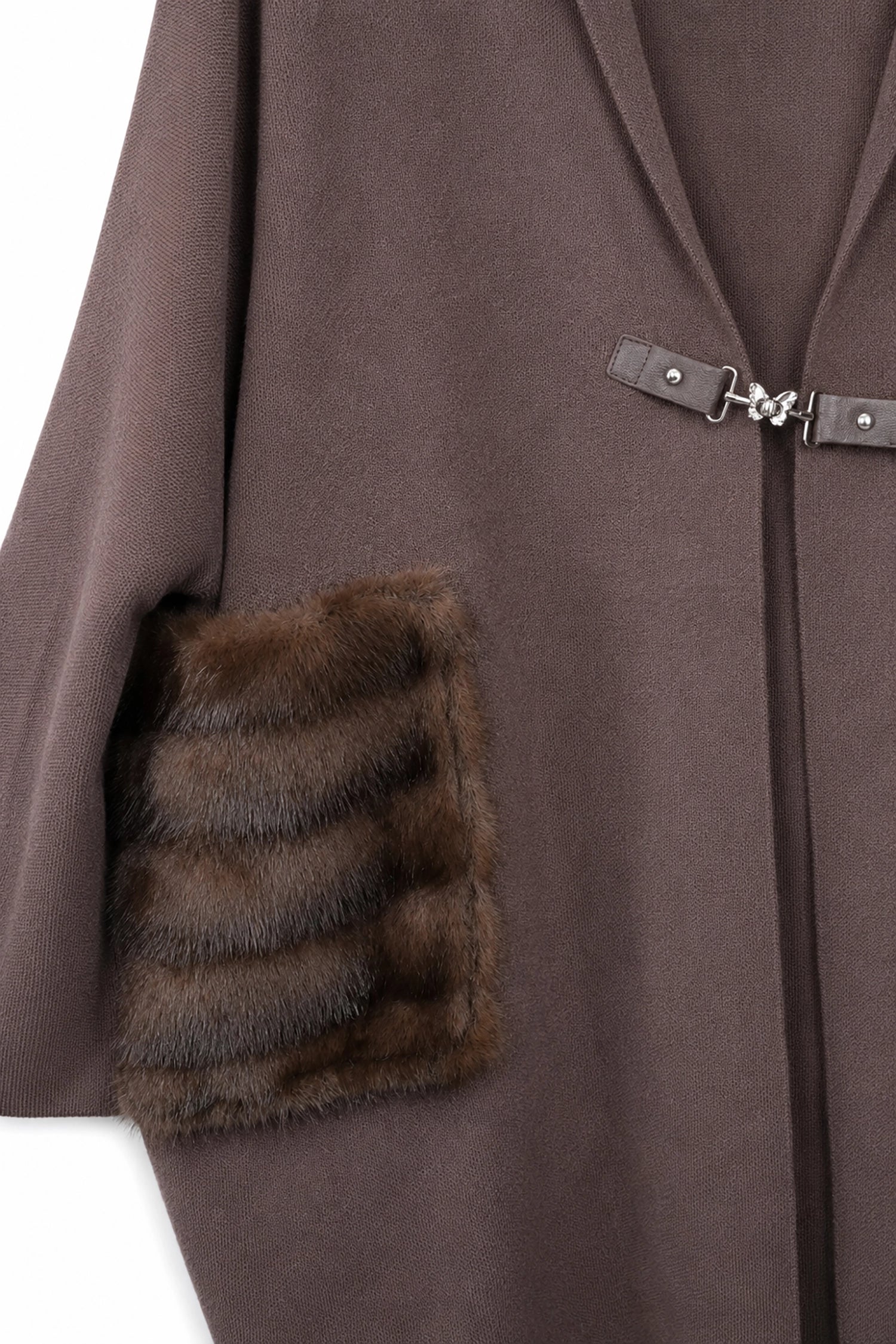 Brown coat with fur-trimmed pocket on a white background