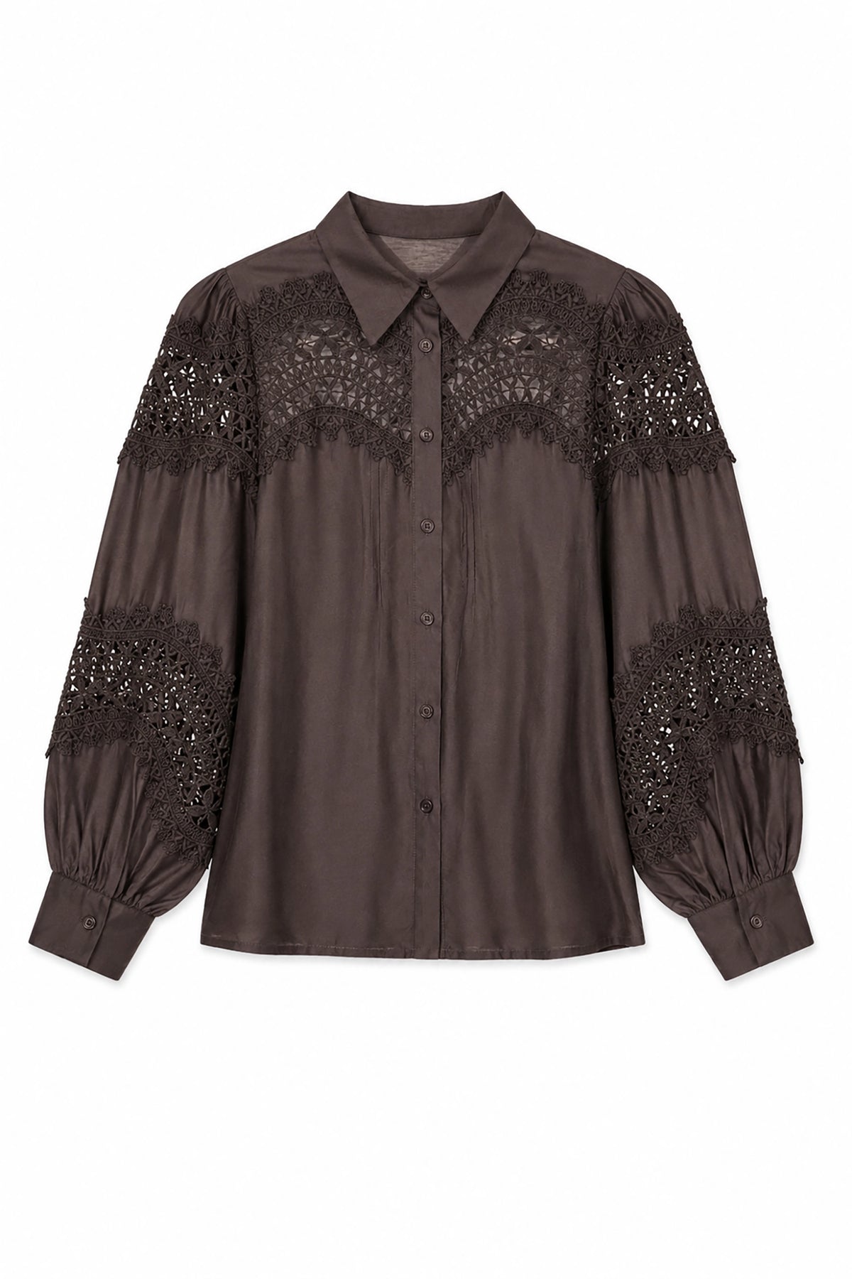 Brown blouse with lace and embellishment details on a white background