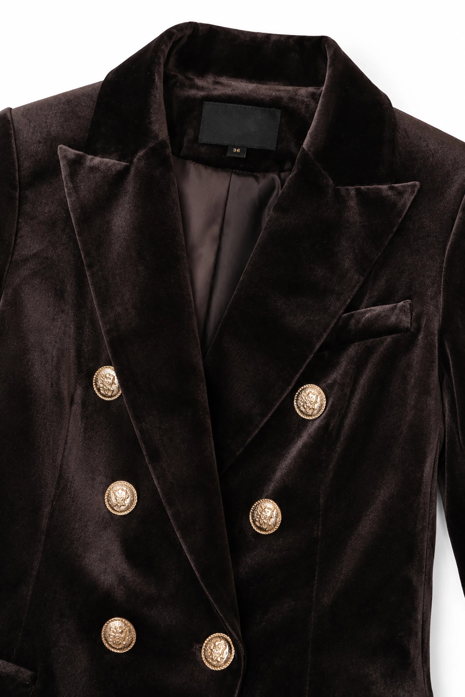 Brown velvet blazer with gold buttons on a white background