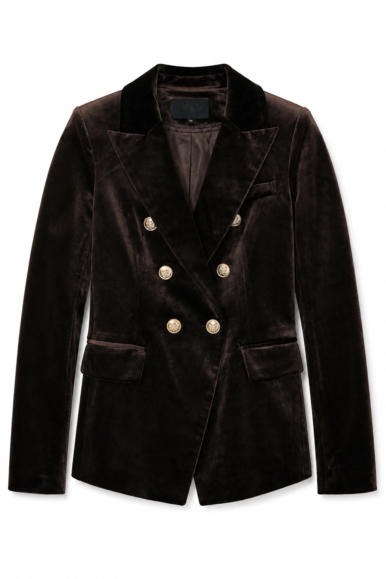 Brown velvet blazer with gold buttons on a white background