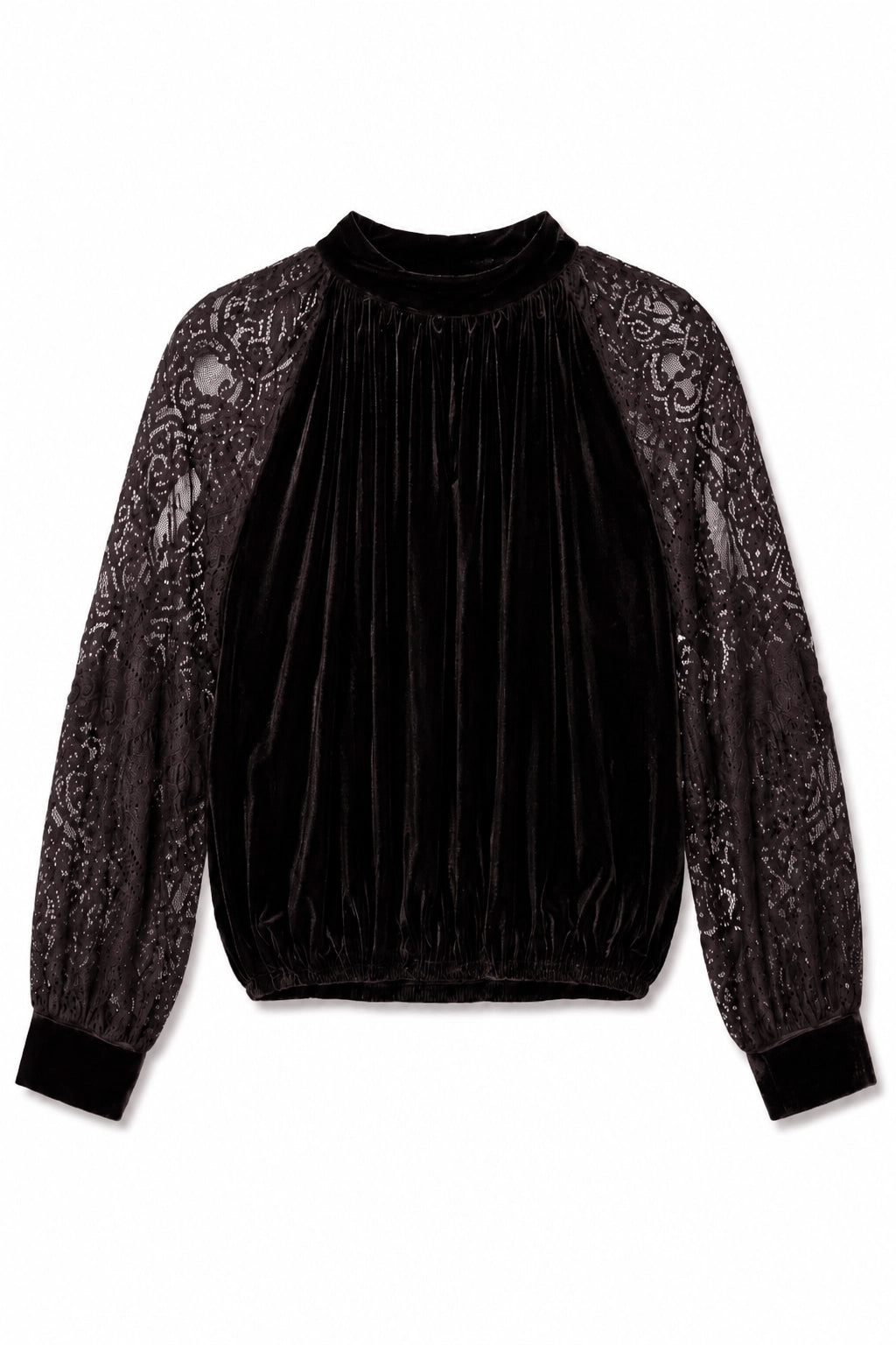 Black sweater with sheer sleeves on a white background