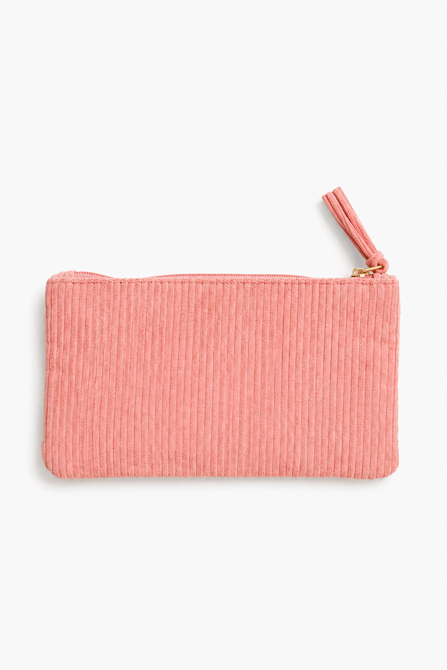 Pink ribbed pouch with a zipper on a white background